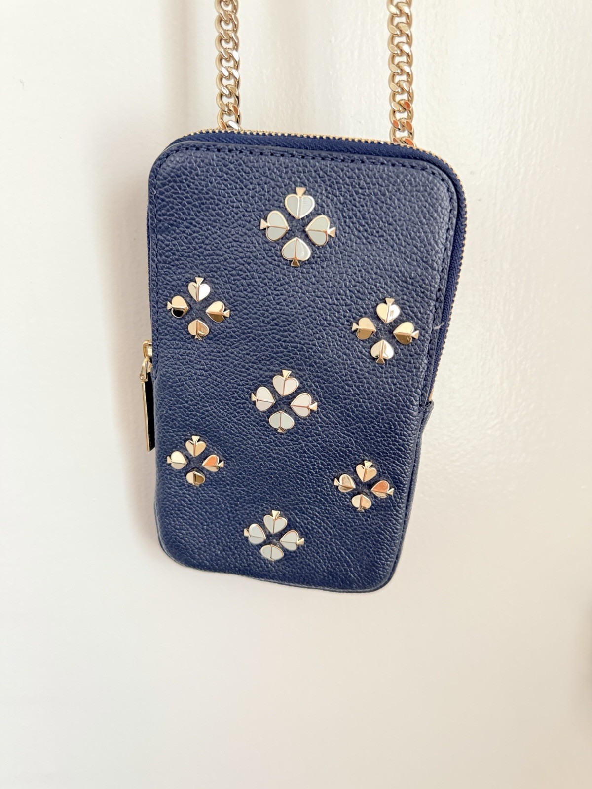 kate spade new york Blue Pebbled Zip Phone Crossbody Bag Gold Chain Card Pockets