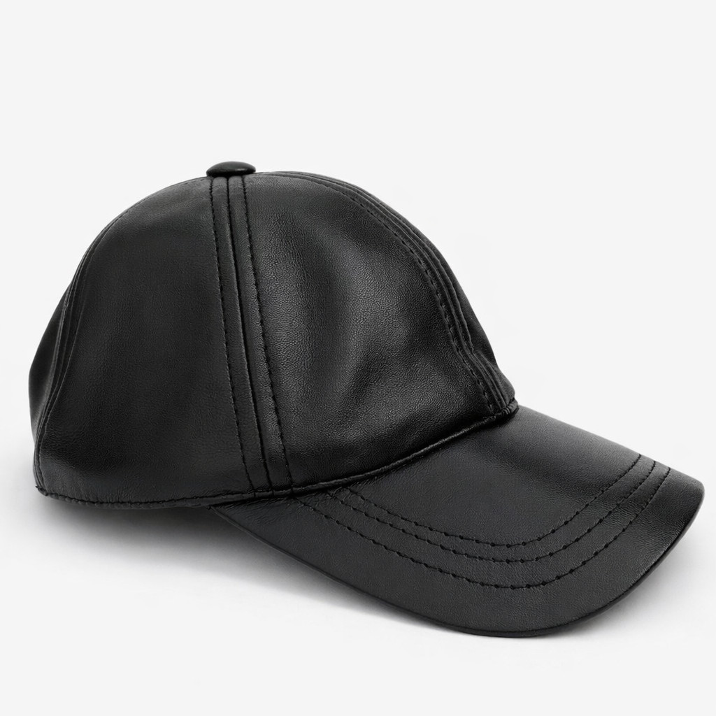 Hat 100% Genuine Real Lambskin Black Leather Baseball Cap Hat Sports Visor