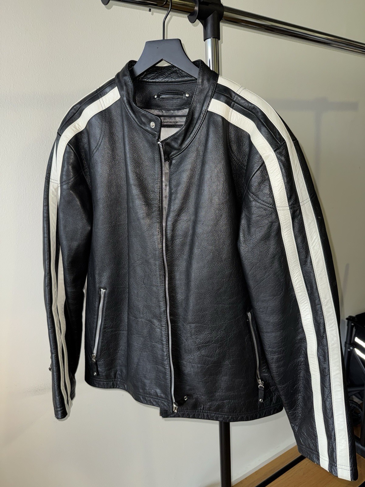 WILSON LEATHER CAFE RACER STRIPED MOTORCYCLE BIKER JACKET M