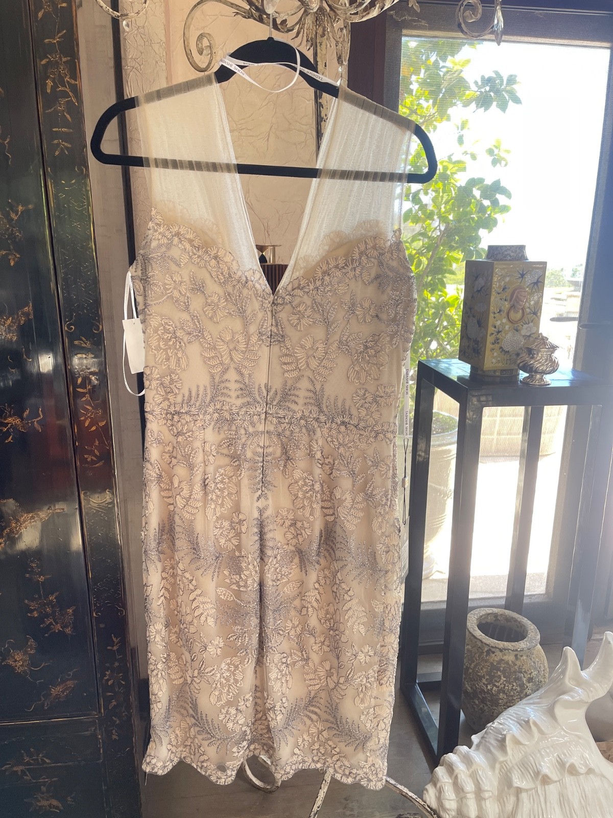 New Tadashi Shoji Silver Beaded Sequin Tulle V-Neck Sheath Dress, Size 12