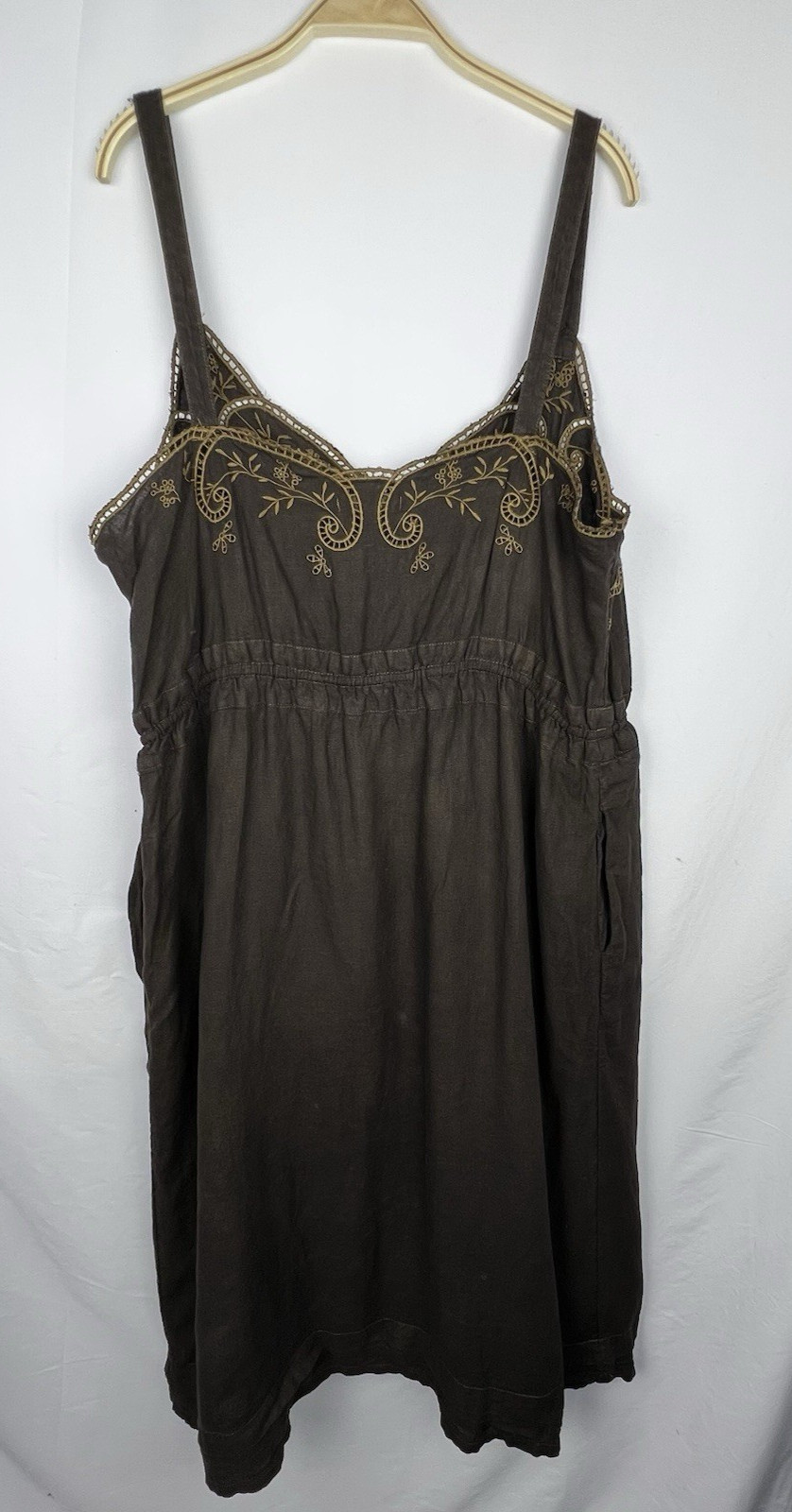 J.CREW Brown 100% Linen Embroidered Slip Dress Women 16 Boho Peasant Pockets