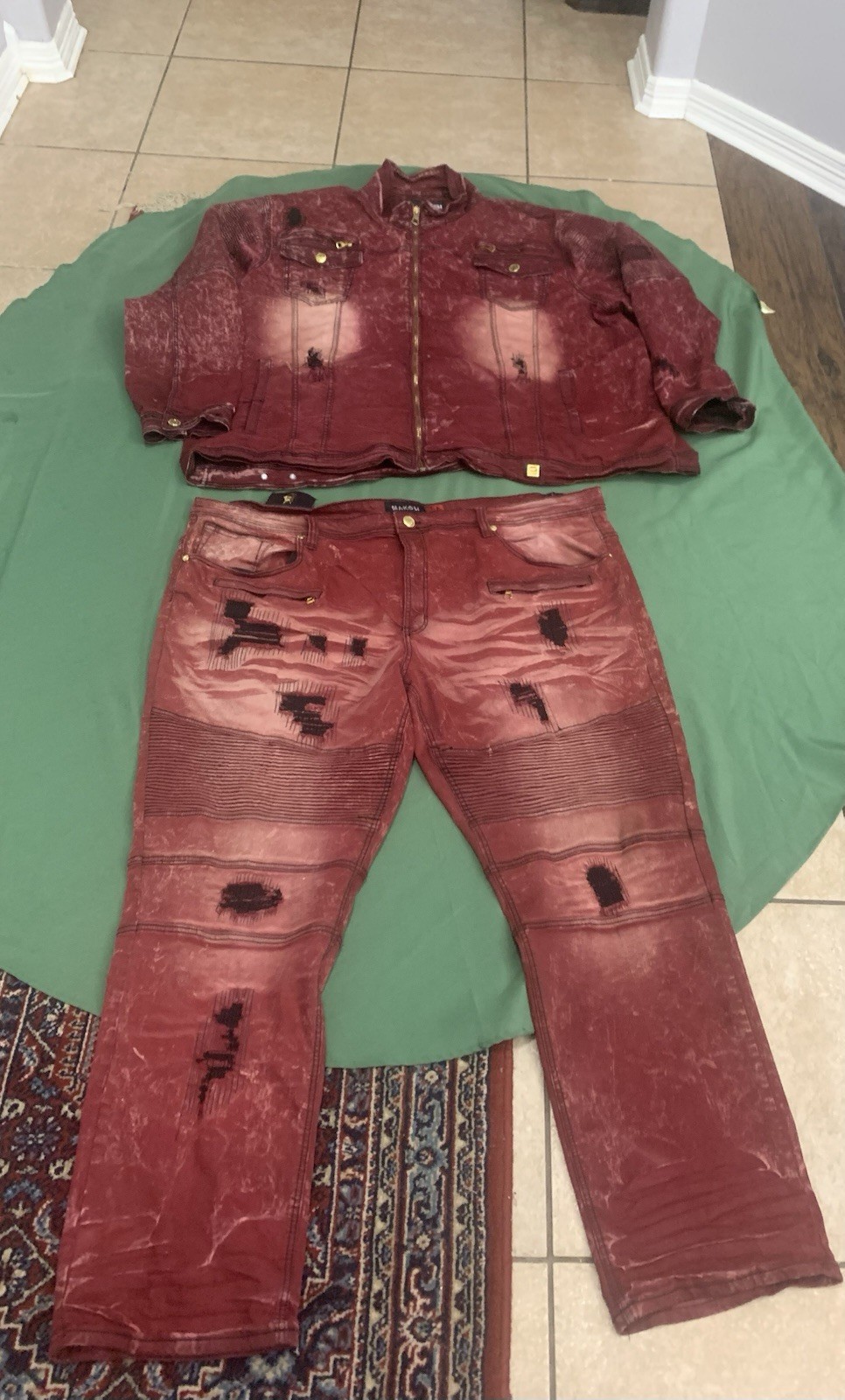 MAKOBI Men’s Premium Denim Burgandy Acid Wash Biker Moto Jacket &Pants 48×32 5XB