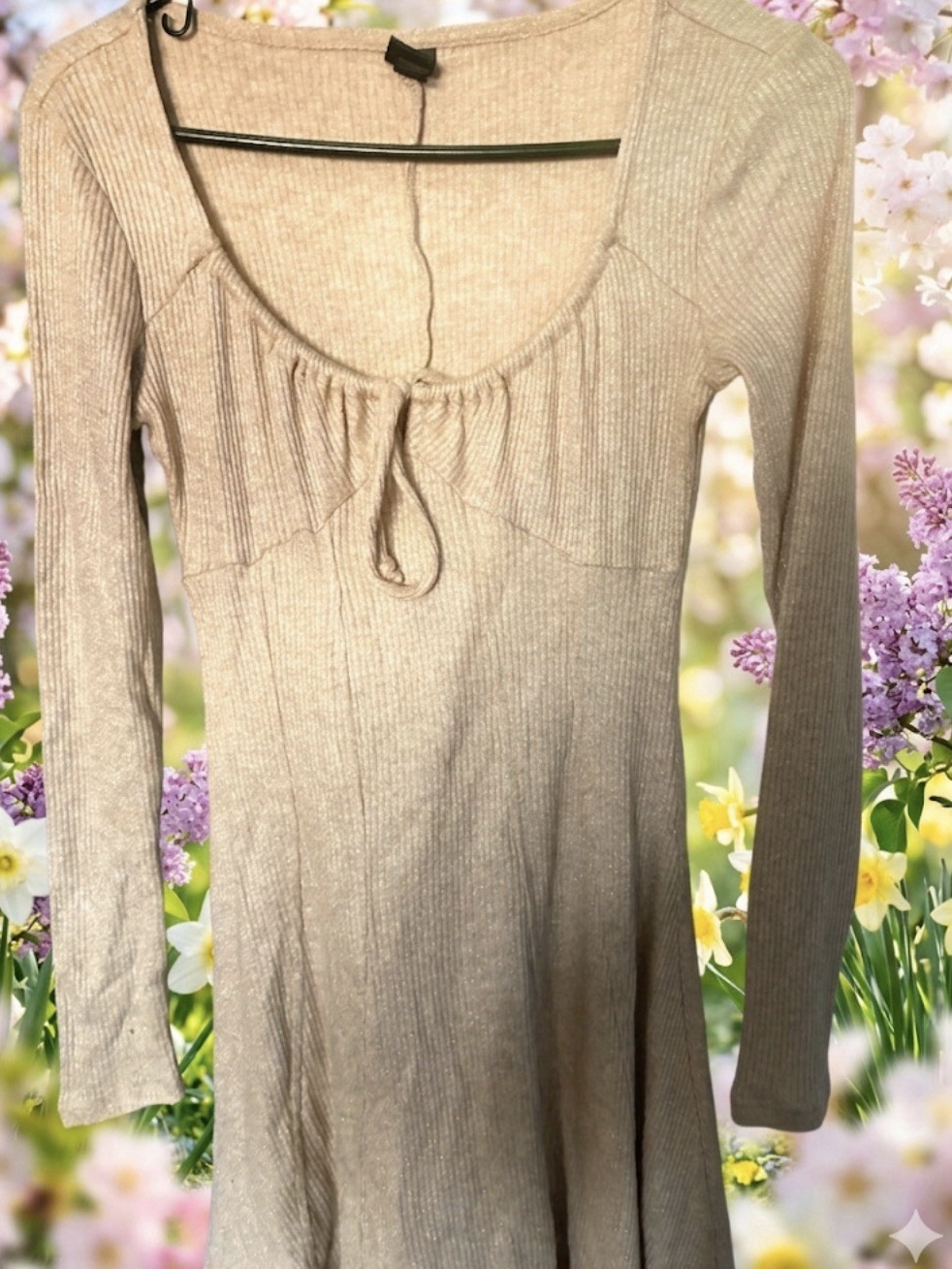 Beige Solid Ribbed Knit A-Line Dress S Scoop Neck Long Sleeve Tie Accent