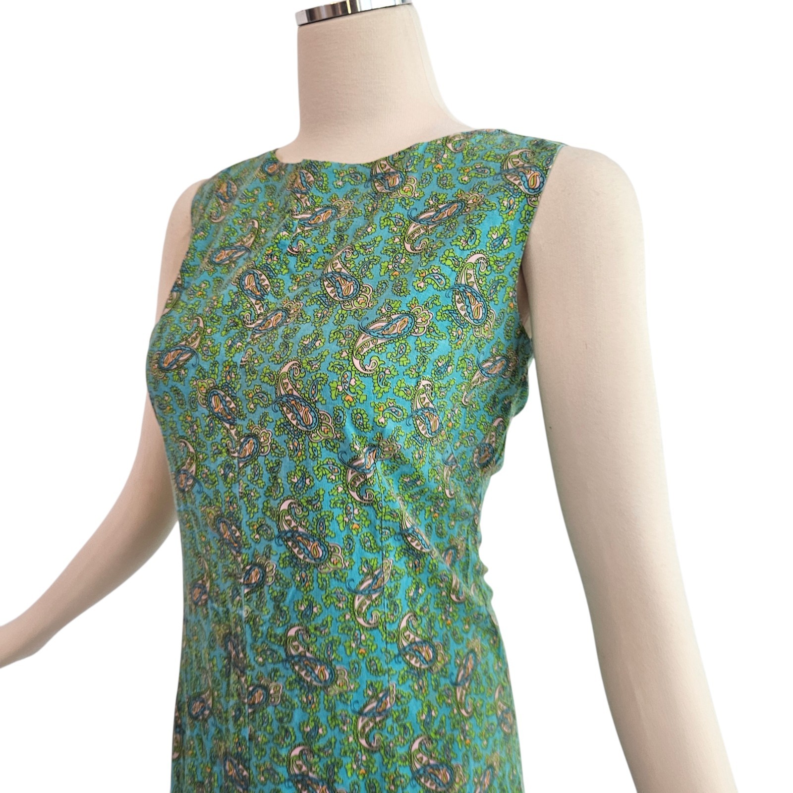 Vintage 1960’s Dress Housedress Shift Blue Green Pink Paisley Sleeveless Retro