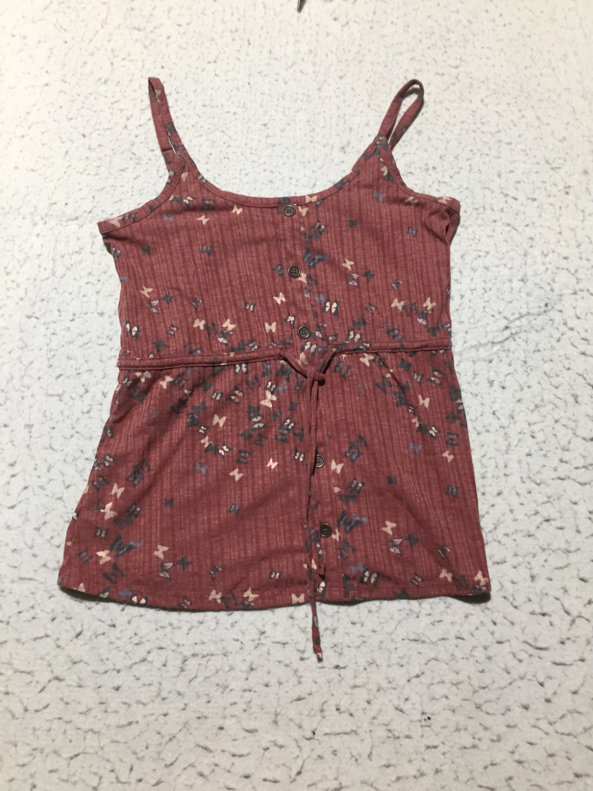 Maurices Tank Blouse Womens S Small Burgundy Scoop Button Henley Tied Butterflys