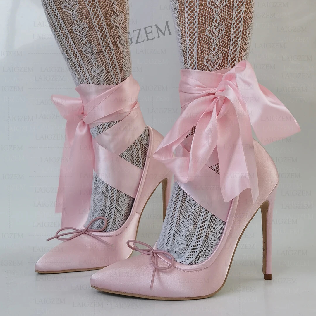 Women Pumps Satin Pointed Toe Thin High Heels Sandals Lace Up Prom Party Shoes