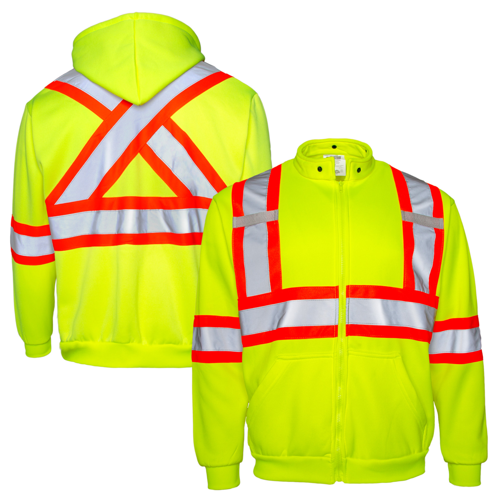 Men’s High Visibility Safety Hoodie Sweater Yellow with X on back Jorestech