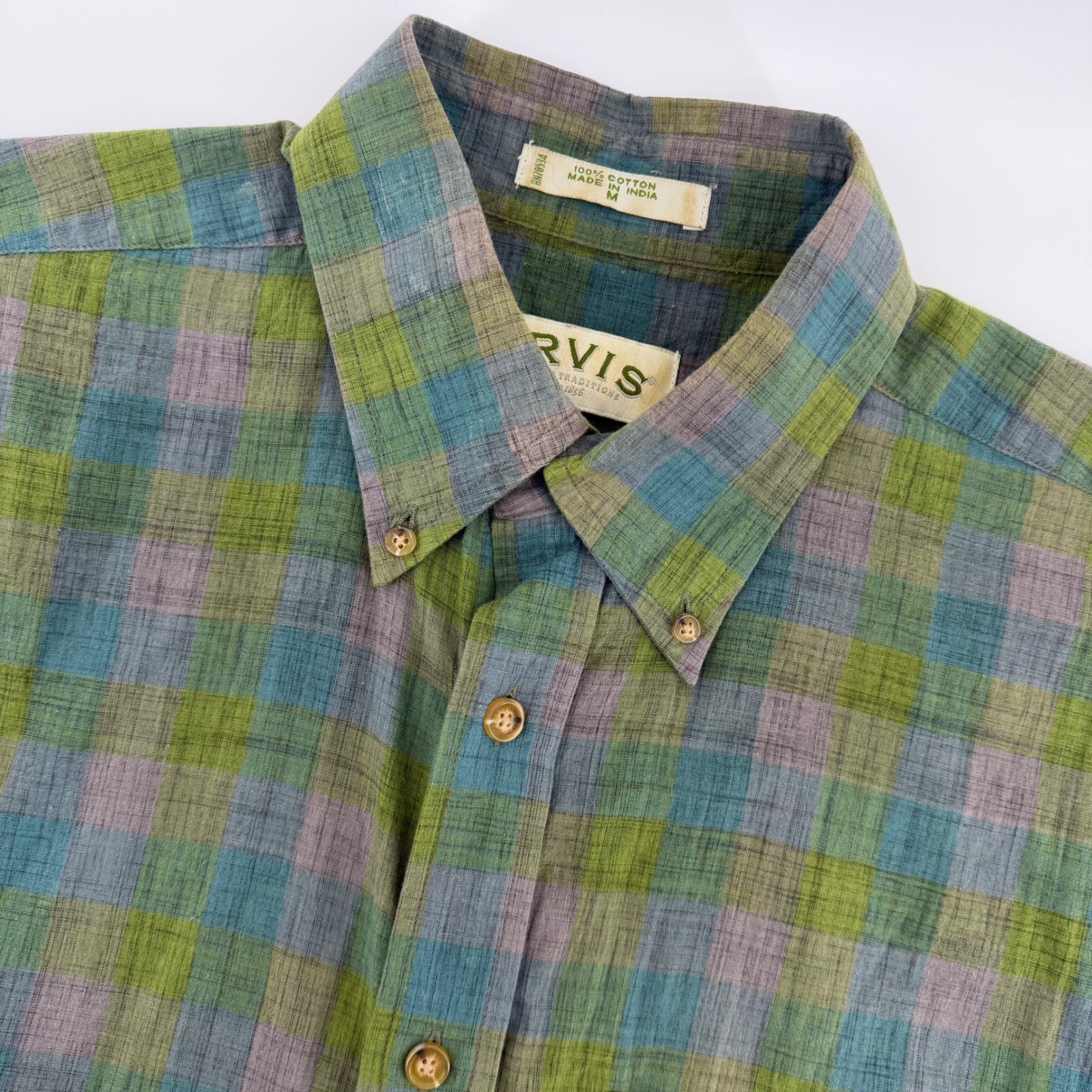 Orvis Button Down Shirt Mens Medium Green Plaid Short Sleeve Cotton 0438
