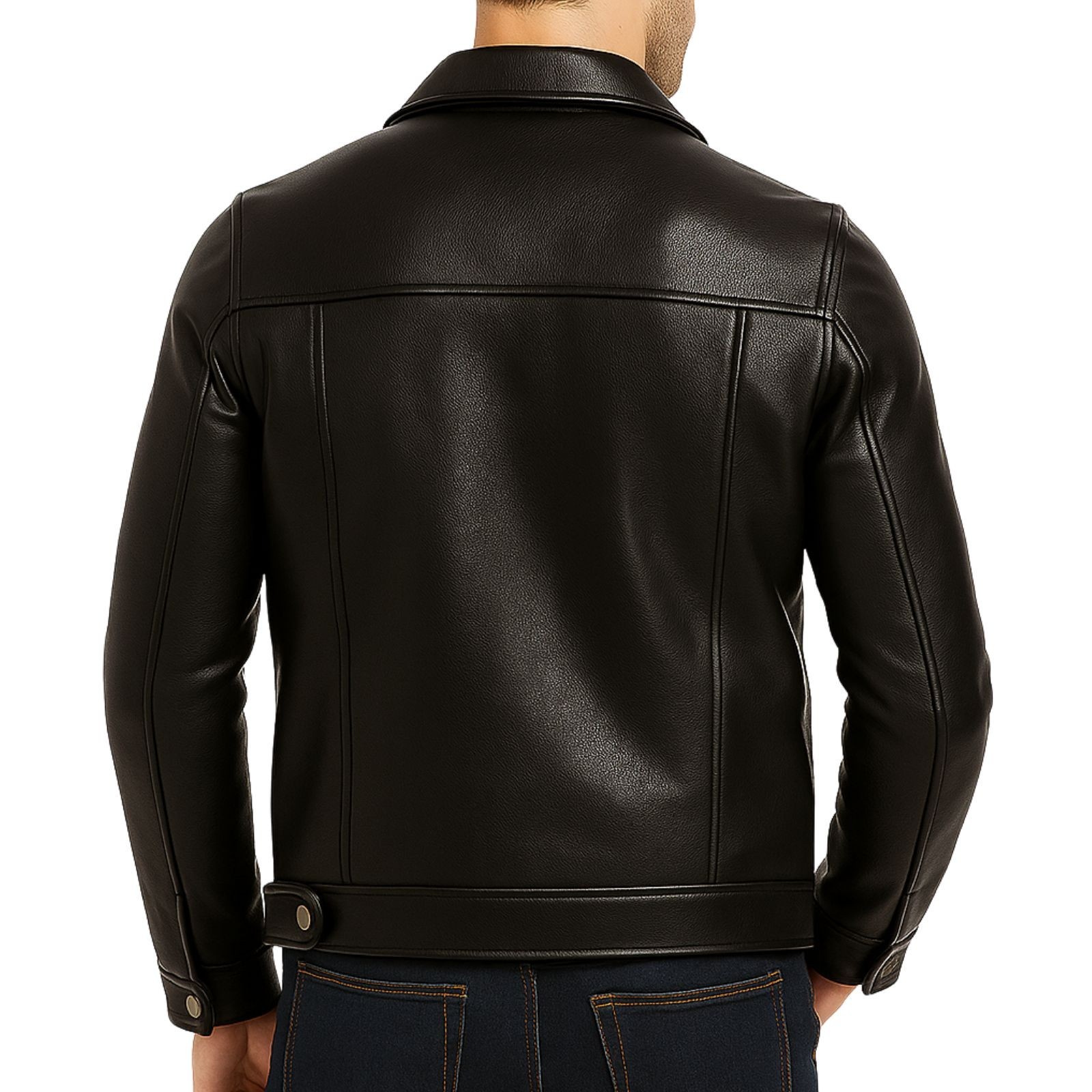 Men’s Genuine Leather Trucker Jacket Button-Up Classic Western Style Coat