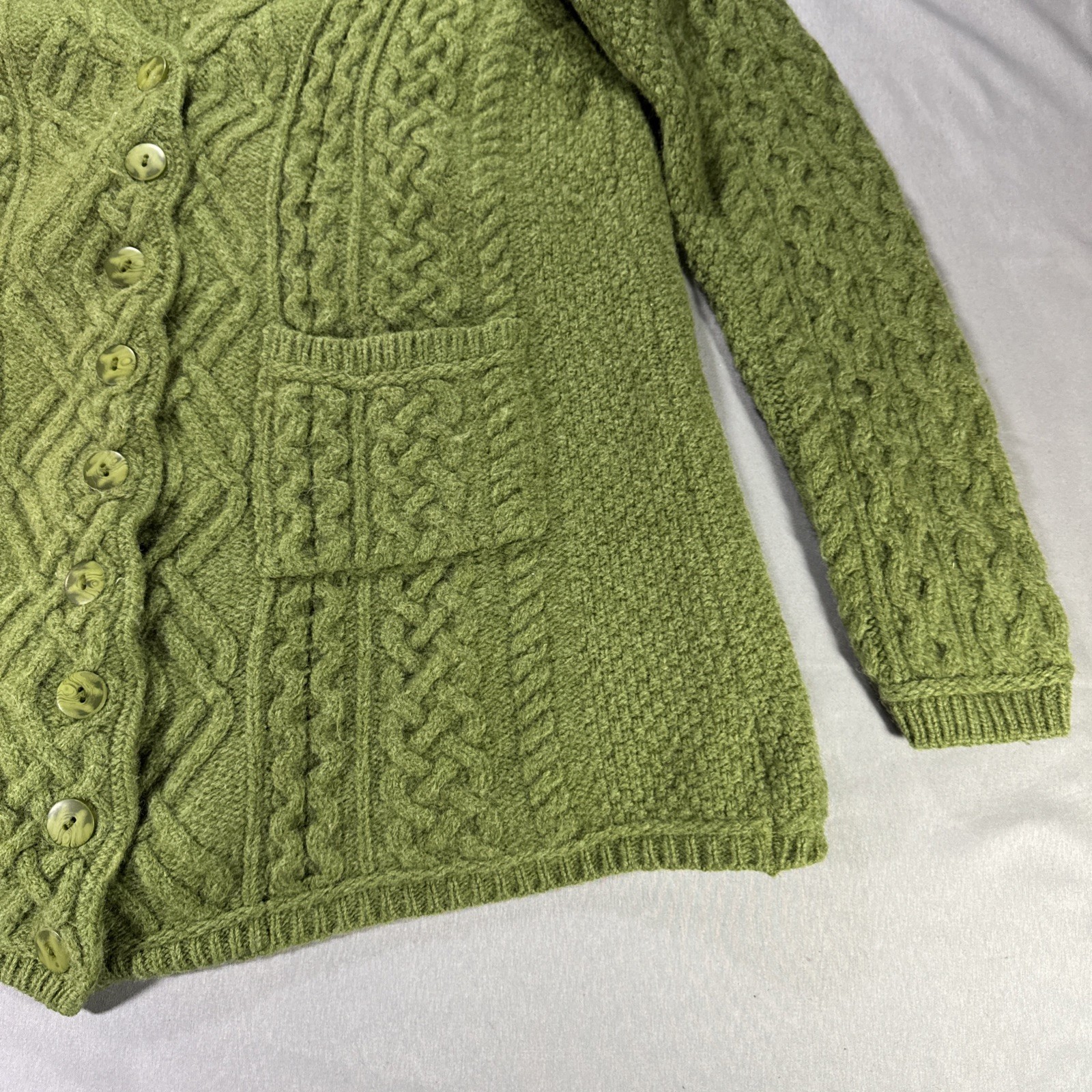 Aran Crafts Cable Knit Cardigan Womens M Green Merino Wool Ireland Cottagecore