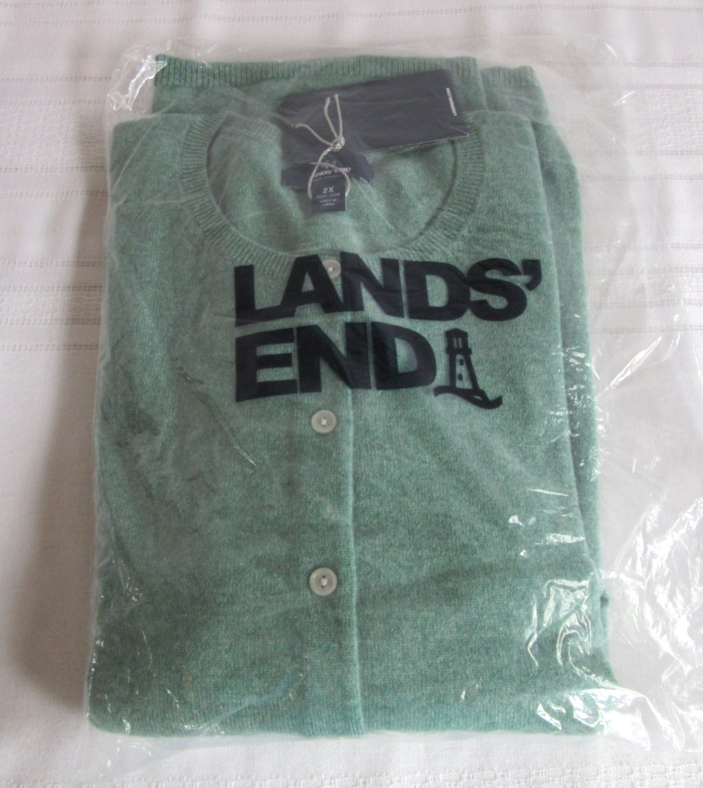 Lands’ End 100% Cashmere Long Sleeve Crew Neck Cardigan Green Size 2X NEW!