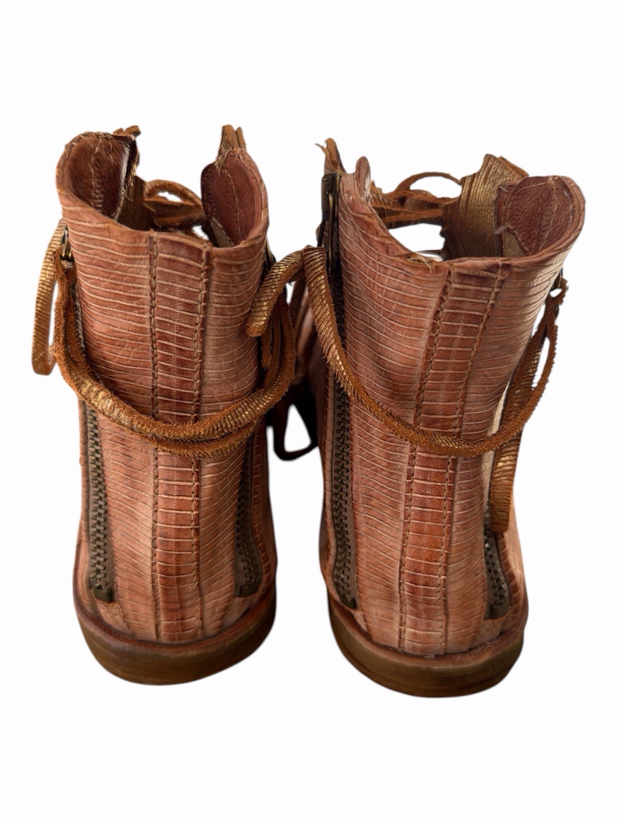 RHETT AS98 GLADIATOR FLAT SANDAL IN CAMEL W/ Metallic Lace up and back zip 39