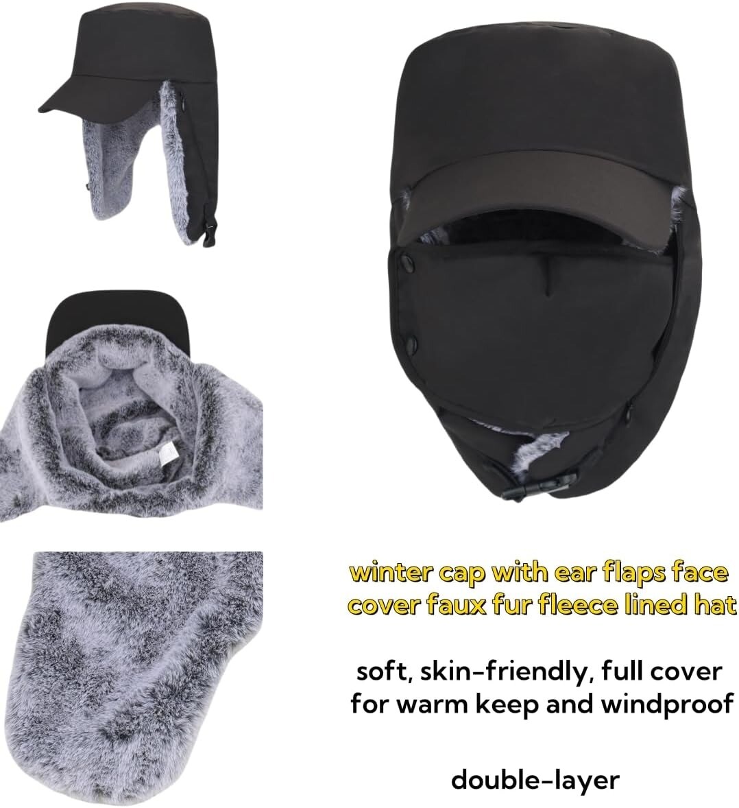 Winter 3 in 1 Thermal Fleece Lined Ski Hat with Ear Flap Full Face Warmer Cover
