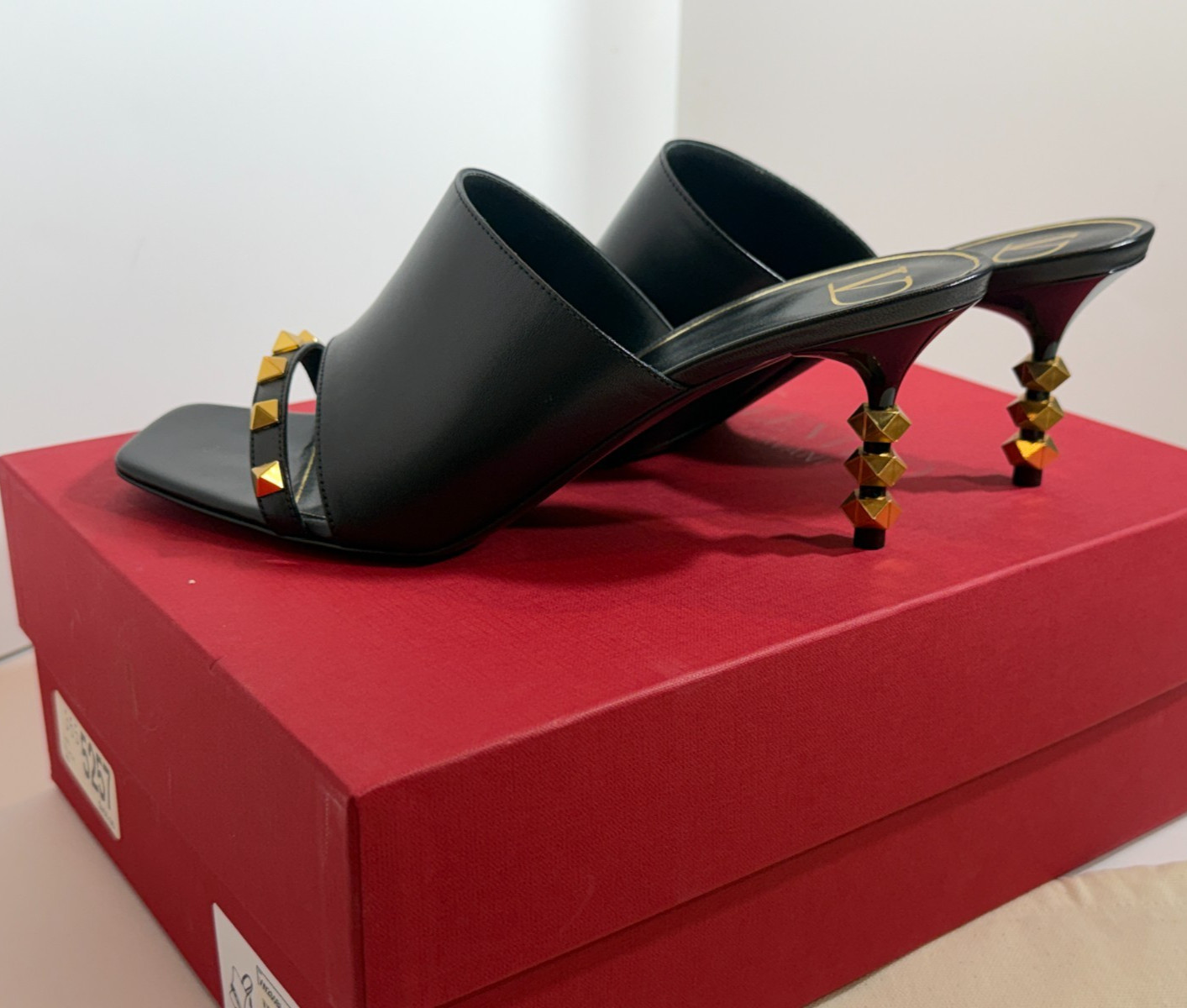 New Valentino Black Slide Sandals with Rockstud Accents 3 Inch Heels Size 38