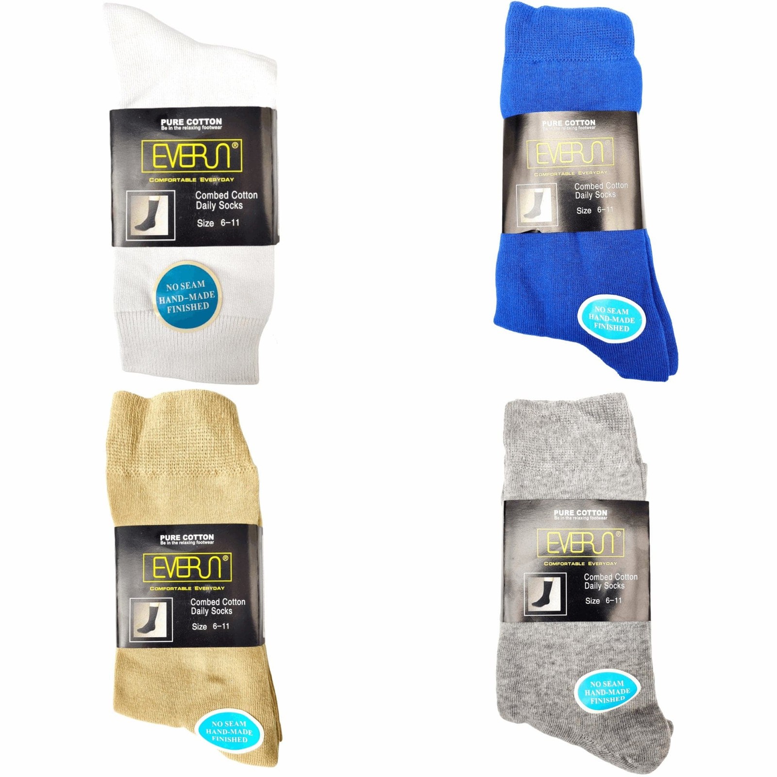3Prs No Seam Pure Cotton Crew Socks Solid Quality Work Office School Casual
