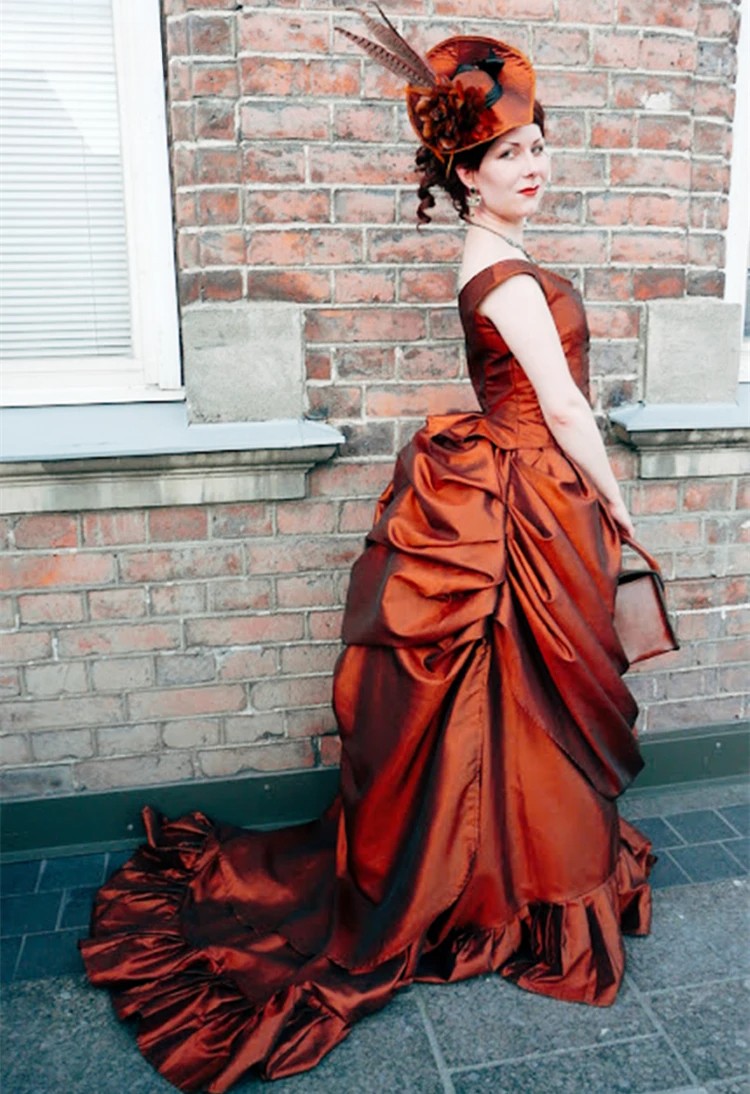 Rust Victorian Satin Bustle Ball Gown Off Shoulder Costume Dresses With Train