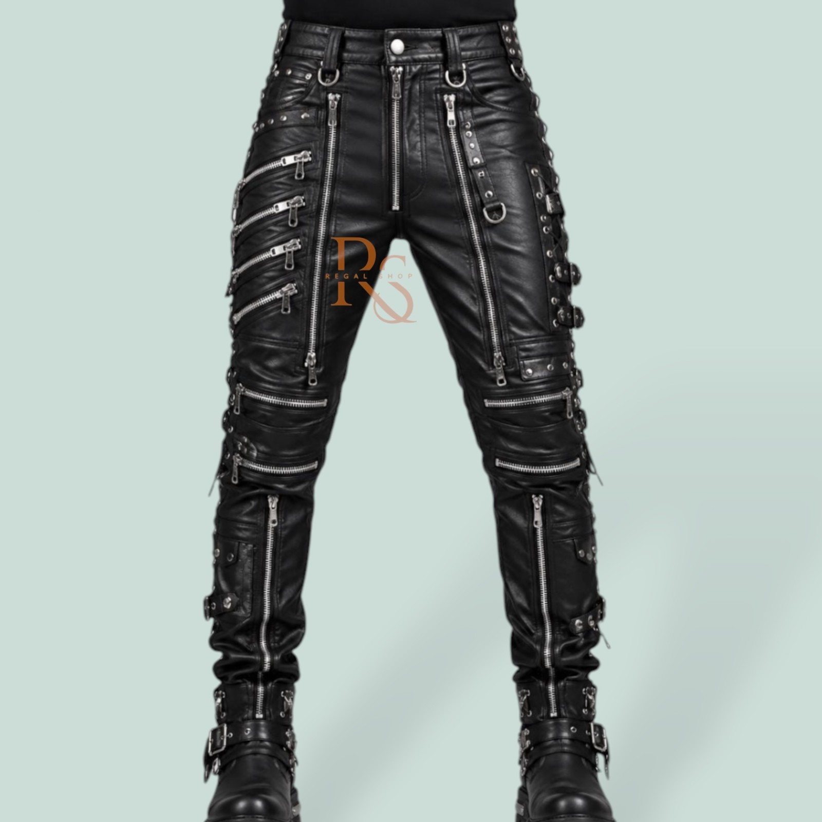 Mens Genuine Lambskin Leather Biker Pants Gothic Punk Zip Buckle Slim Fit Black