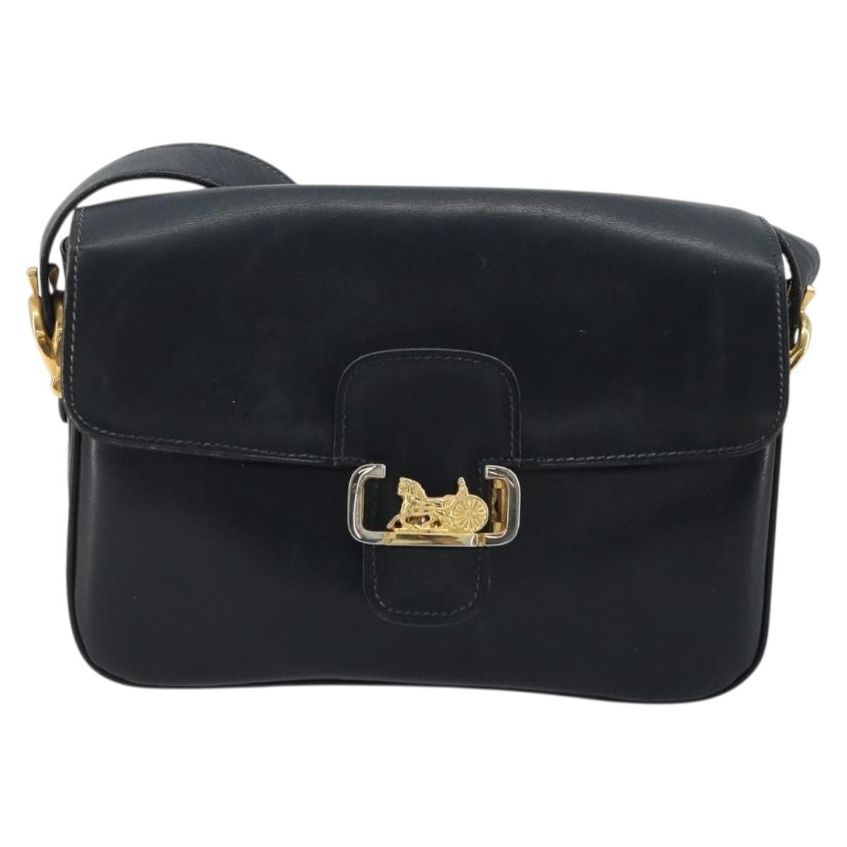 CELINE Horse Carriage Shoulder Bag Leather Navy Gold Auth YKZ1109