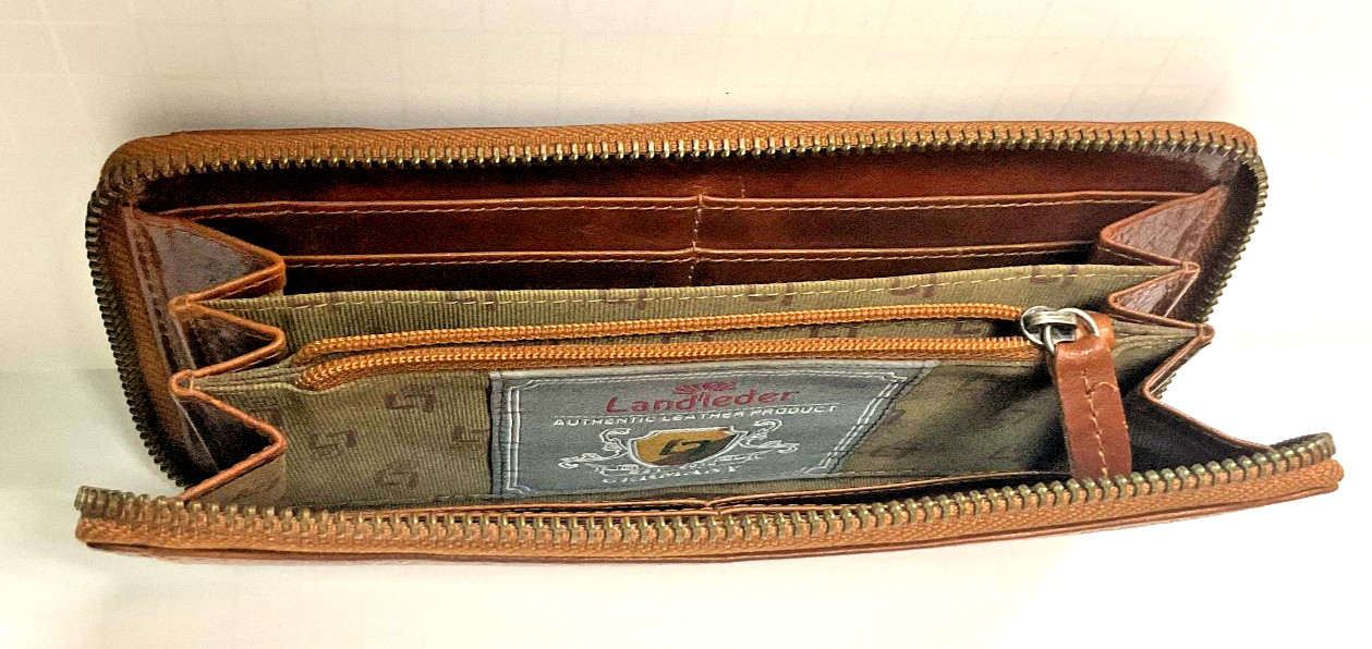 Landleder Authentic Brown Leather Clutch Wallet Multipocket Credit Card Germany