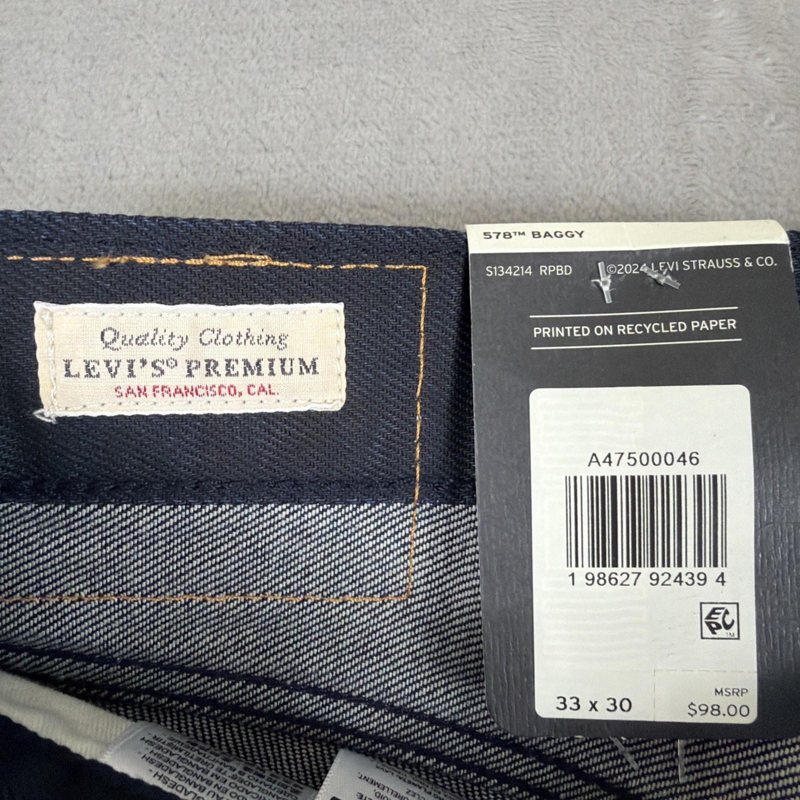 Levi’s Premium 578 Baggy Coated Denim Jeans Men’s Size 33×30 Blue Cotton Y2K