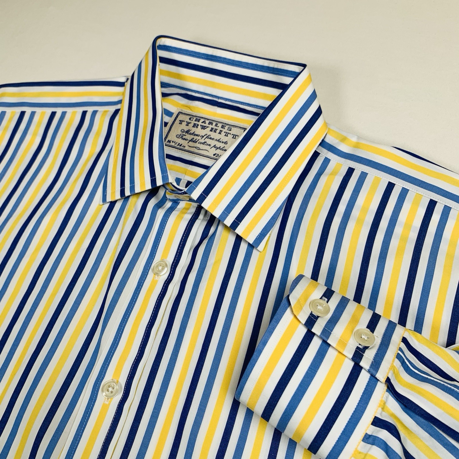 Charles Tyrwhitt Shirt Men 16.5 34 Blue Yellow Striped Poplin LS Dress Button Up
