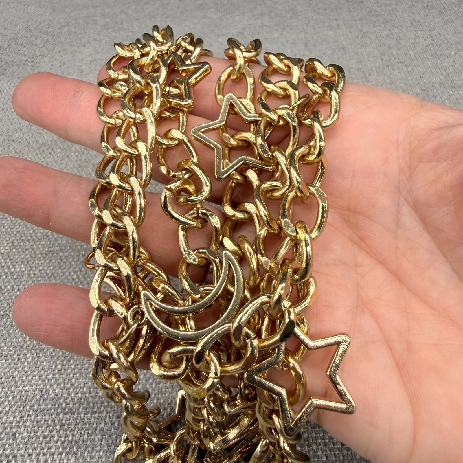 Belt Chain Link Gold Tone Moon and Star Dangles 45 Inches Celestial