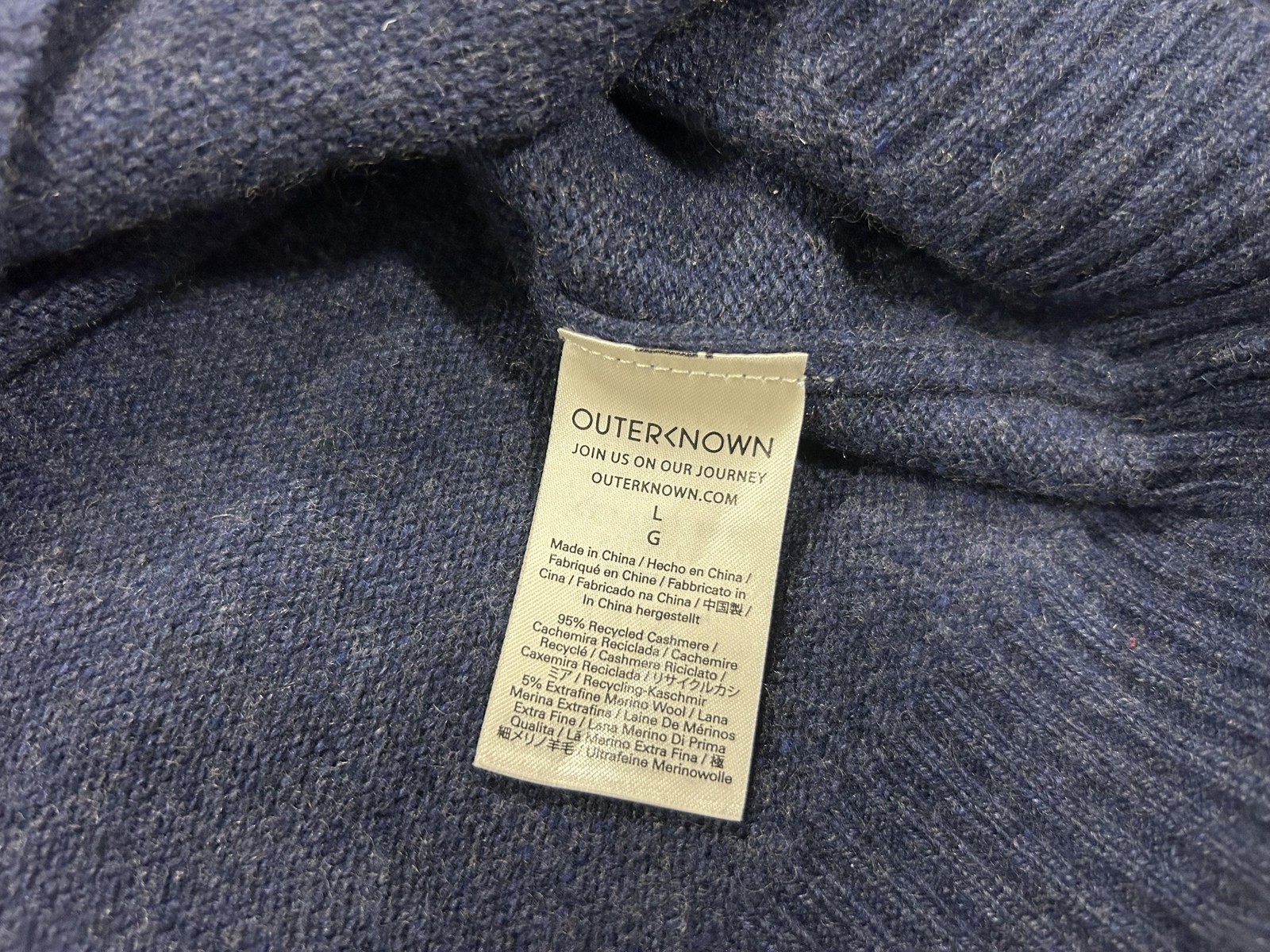 Outerknown Sweater Mens Large Blue Recycled Cashmere Merino Crewneck Soft Knit