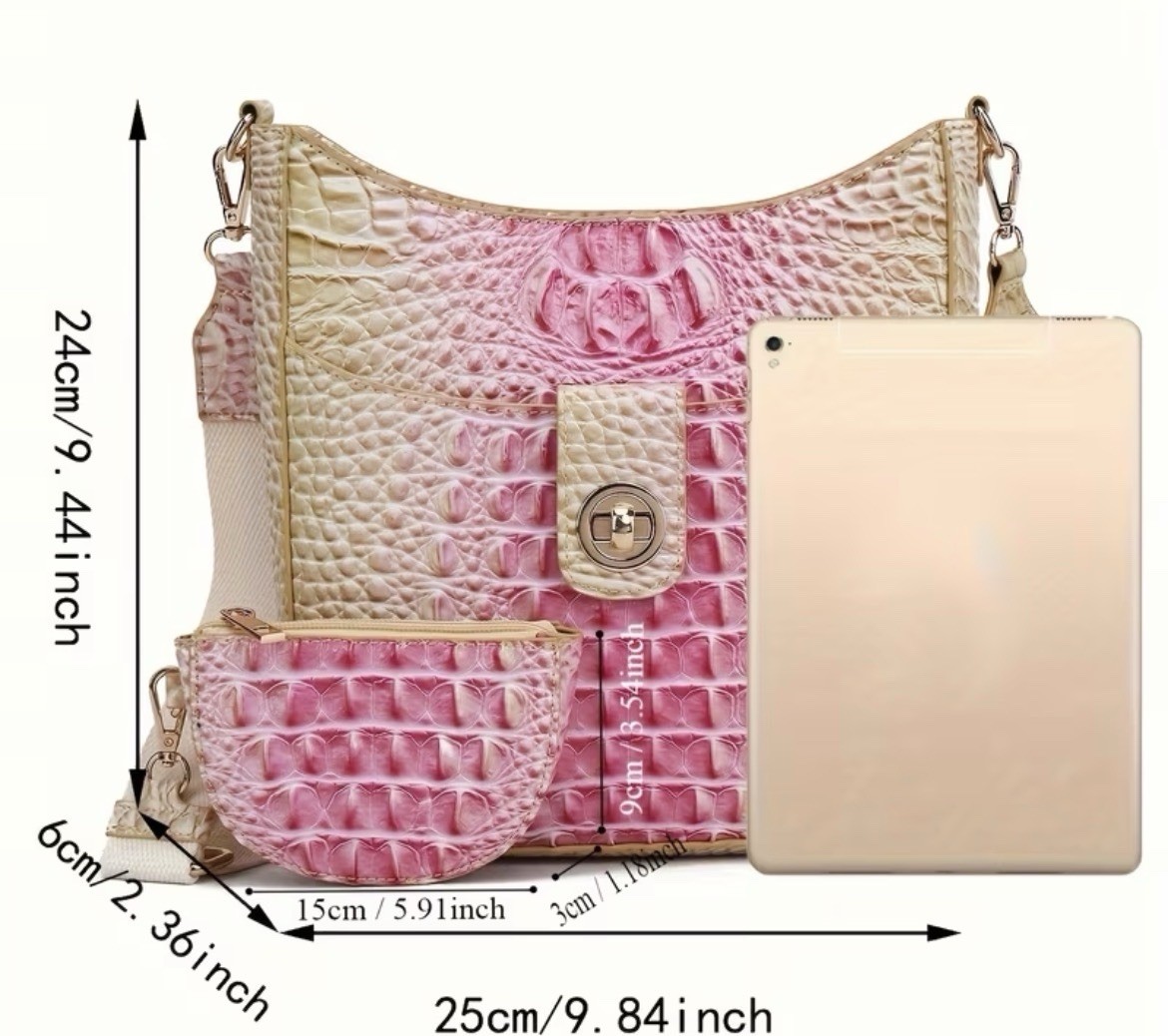 Croc Embossed Crossbody Shoulder Bag Pink/Beige w/ Coin Purse, Strap, Zip