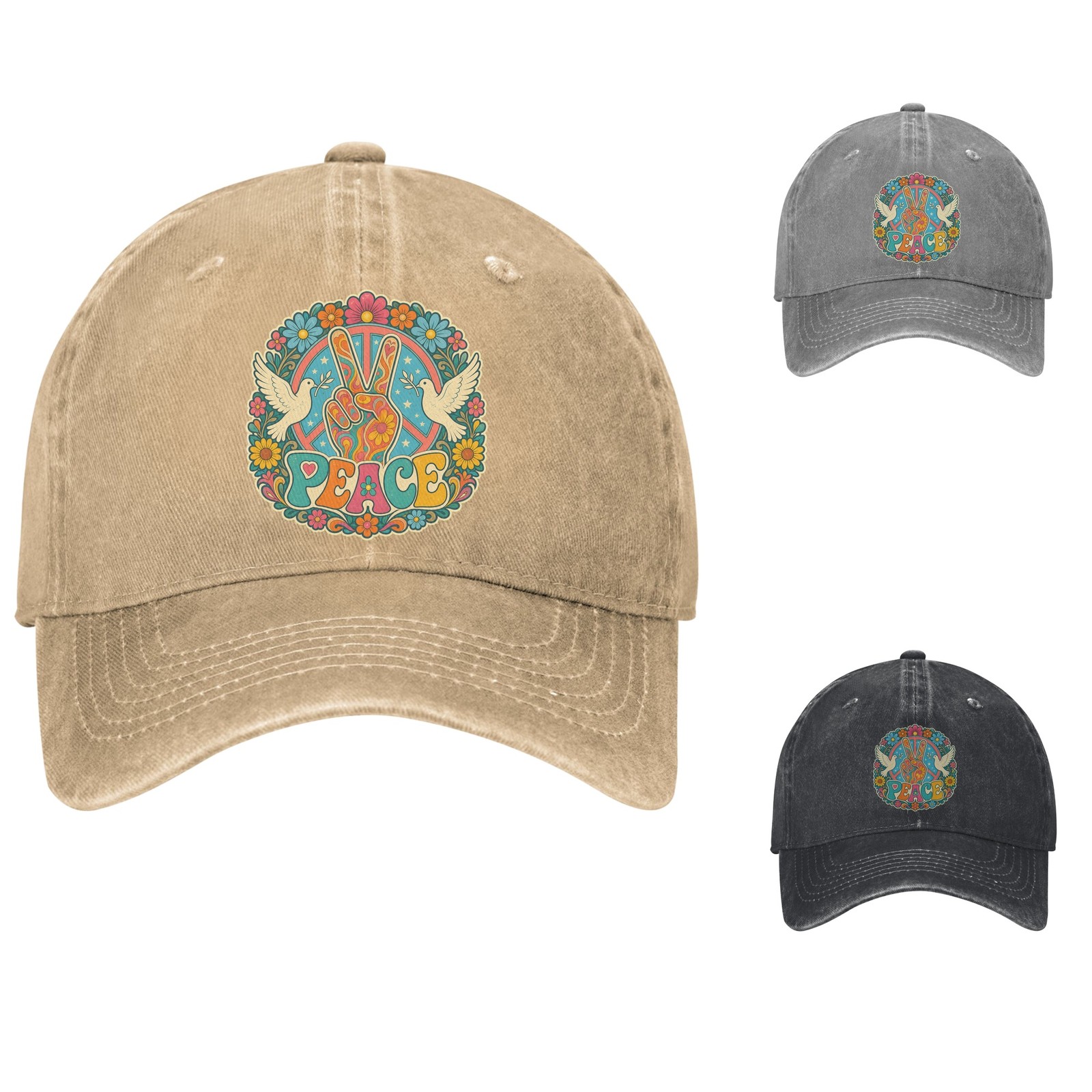 Retro Peace Sign Hippie Dove Flower Graphic Baseball Cap Casual Dad Hat