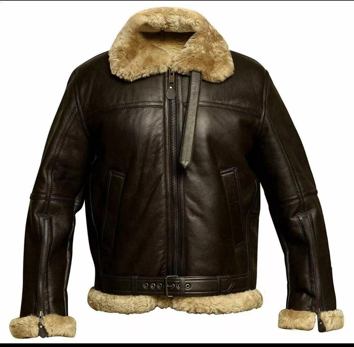 Men B3 Bomber Genuine Leather Jacket Real Sheepskin Aviator Fur Shearling Coat