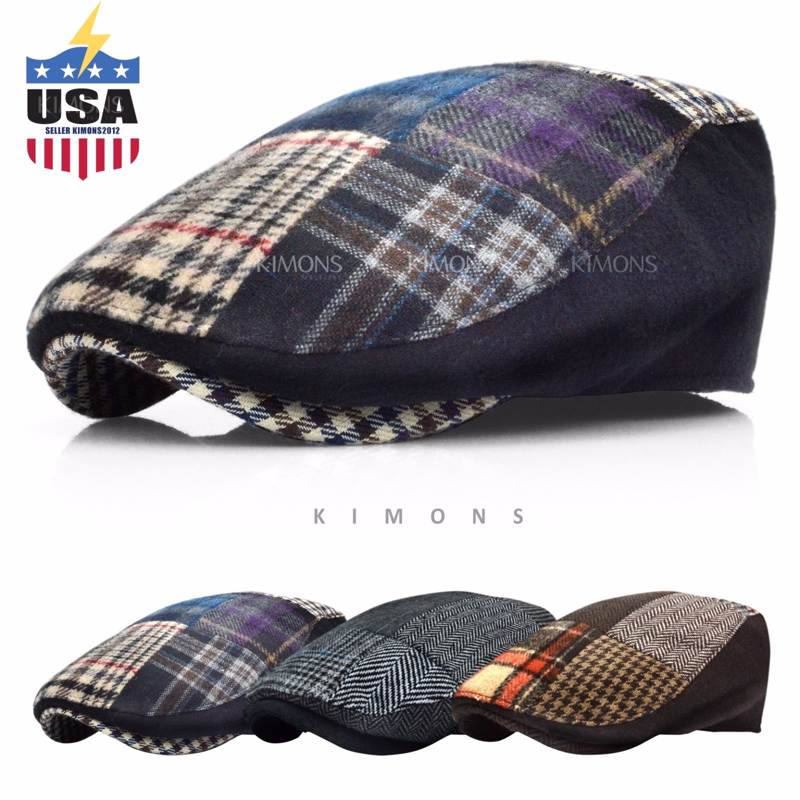 EM Patch Plaid Ivy Hat Wool Herringbone Gatsby Cap Golf Driving Cabbie Newsboy