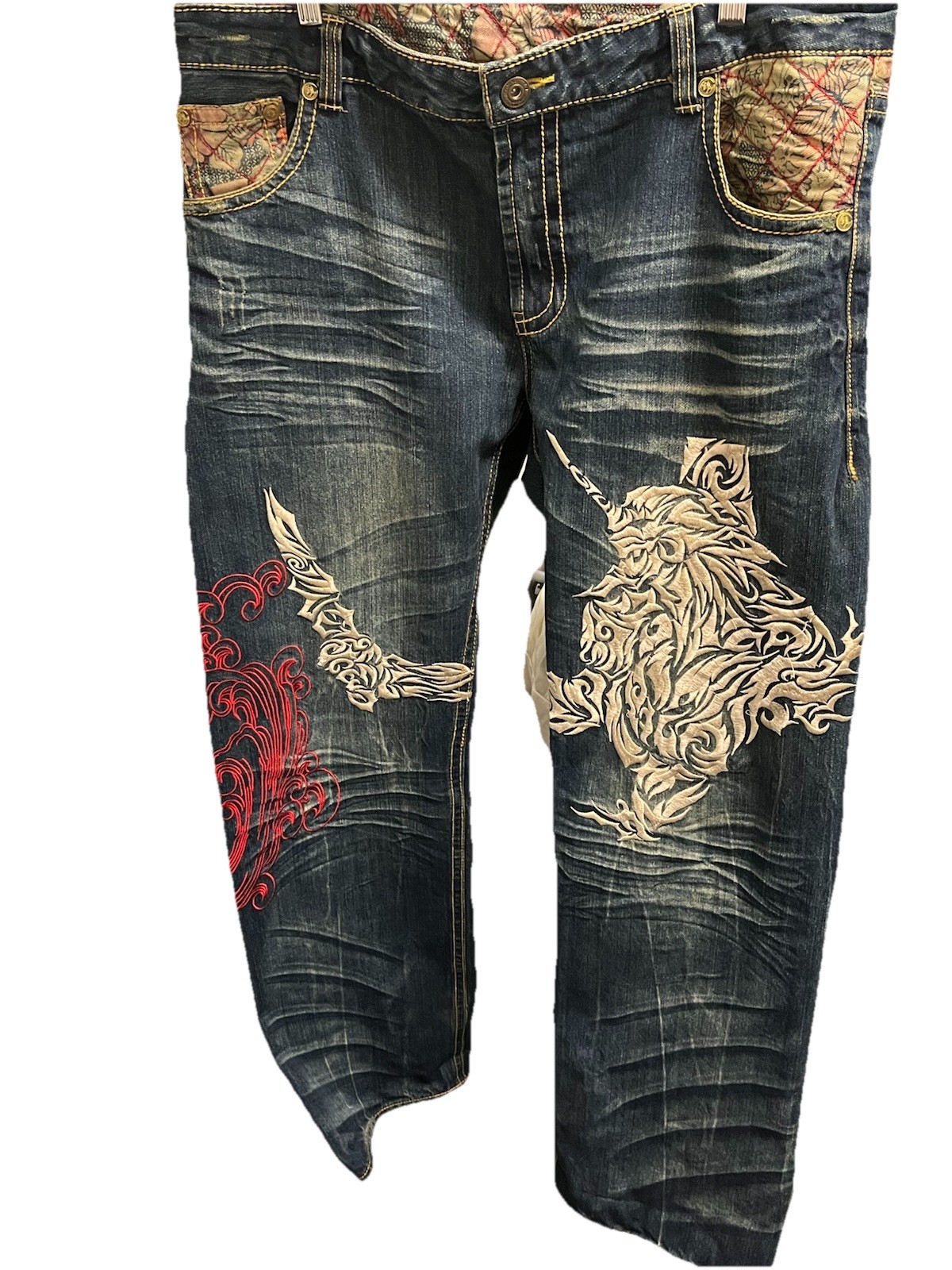 NISHIKI x EVANGELION Men’s Denim Jeans Straight Fit Dark Wash Embroidered 40×32