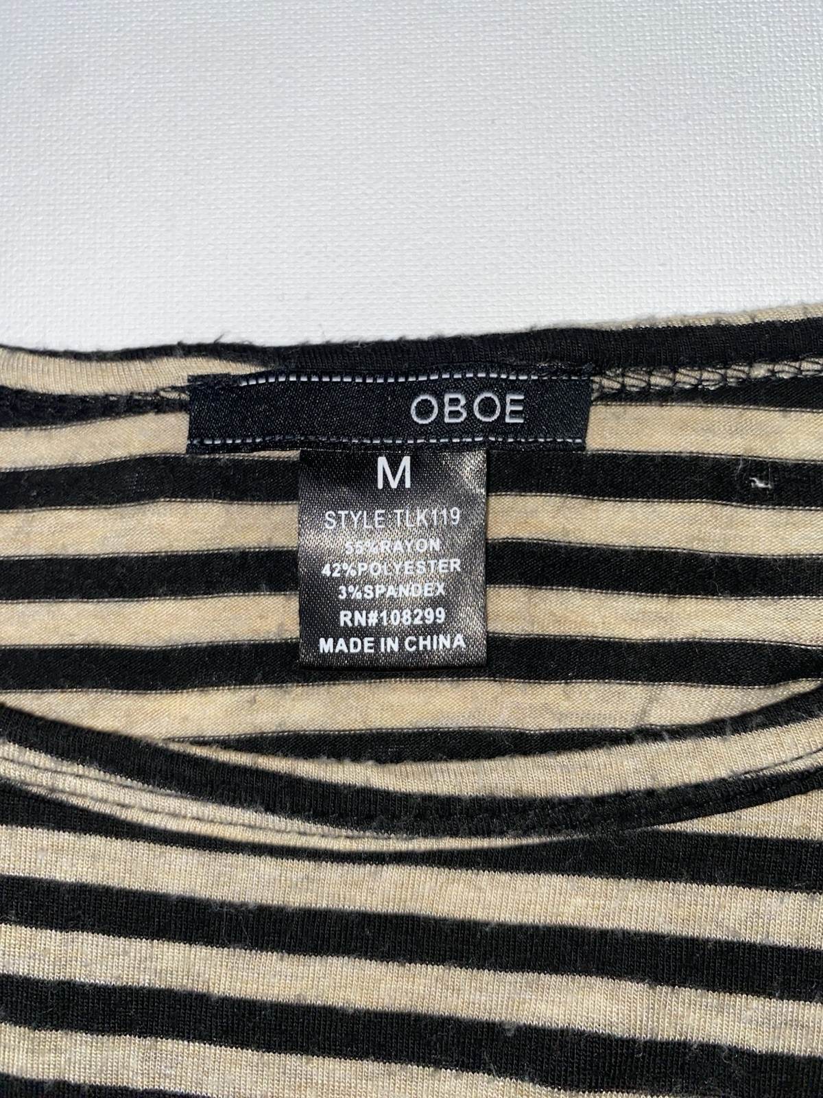 OBOE Women’s M Black Beige Striped Scoop Neck Distressed Top Red Zip Pocket