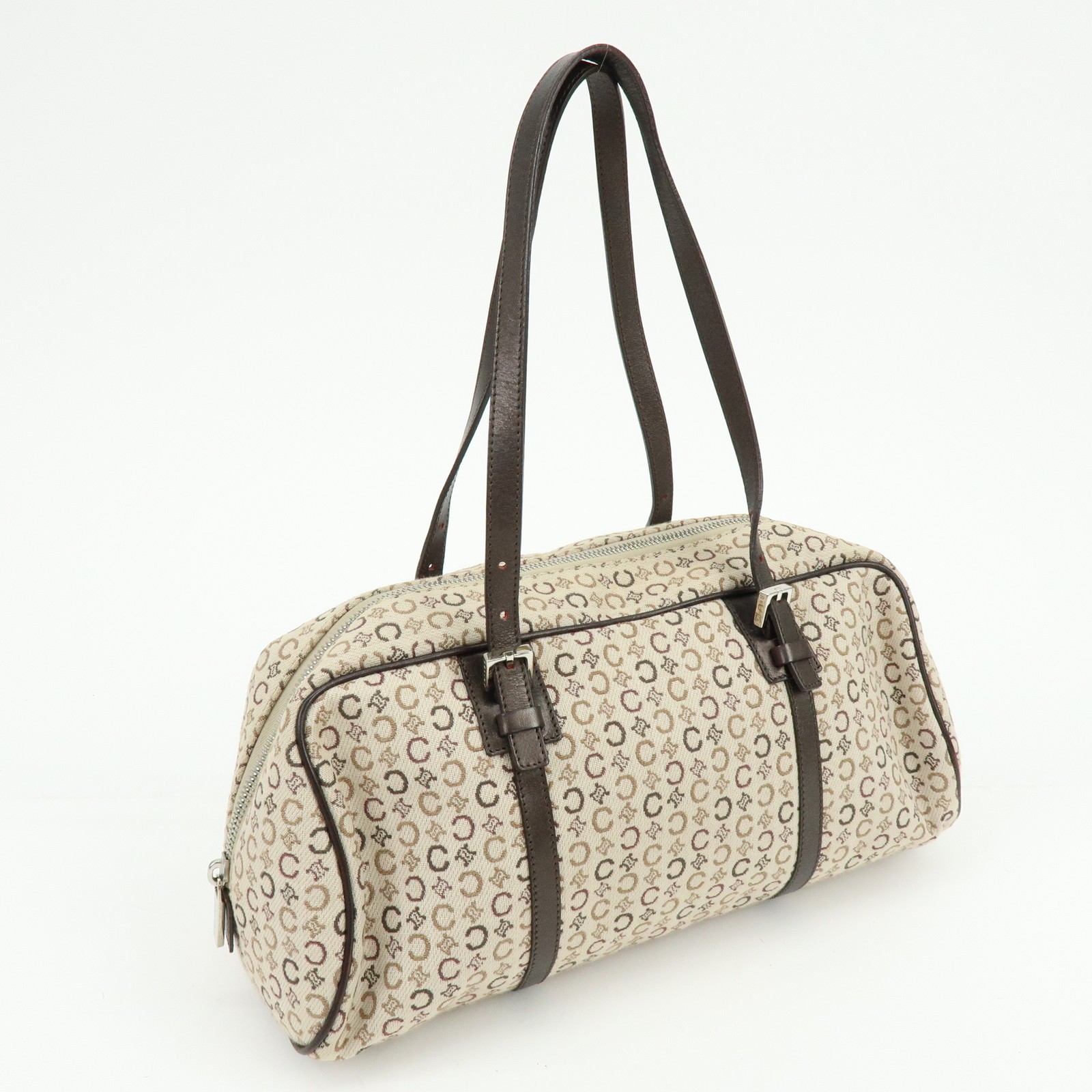 CELINE C Macadam Canvas Leather Hand Bag Boston Bag Beige Brown Auth Used F/S