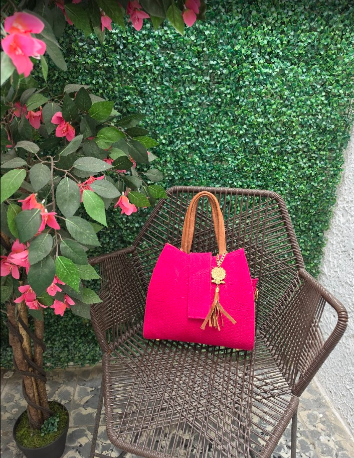 Handcrafted Genuine Leather Tote Bag Hot Pink Embossed Mexican Artisan Purse