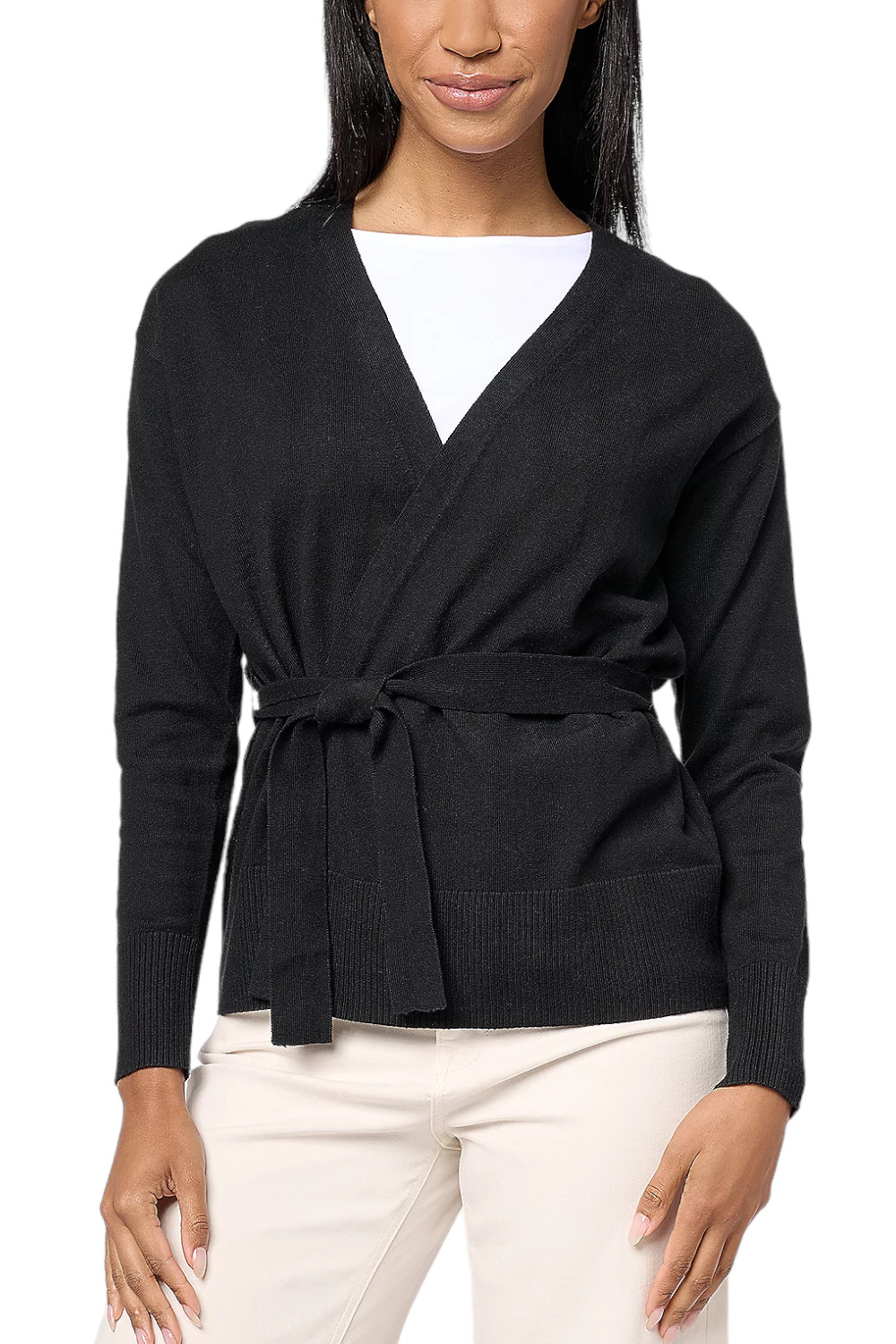 Encore by Idina Menzel Fine Gauge Wrap Front Belted Cardigan Jet Black