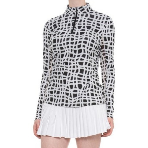 GOTTEX Golf Tennis Kate Mock Neck Quarter Zip Top UPF 50 Black Checks S NEW