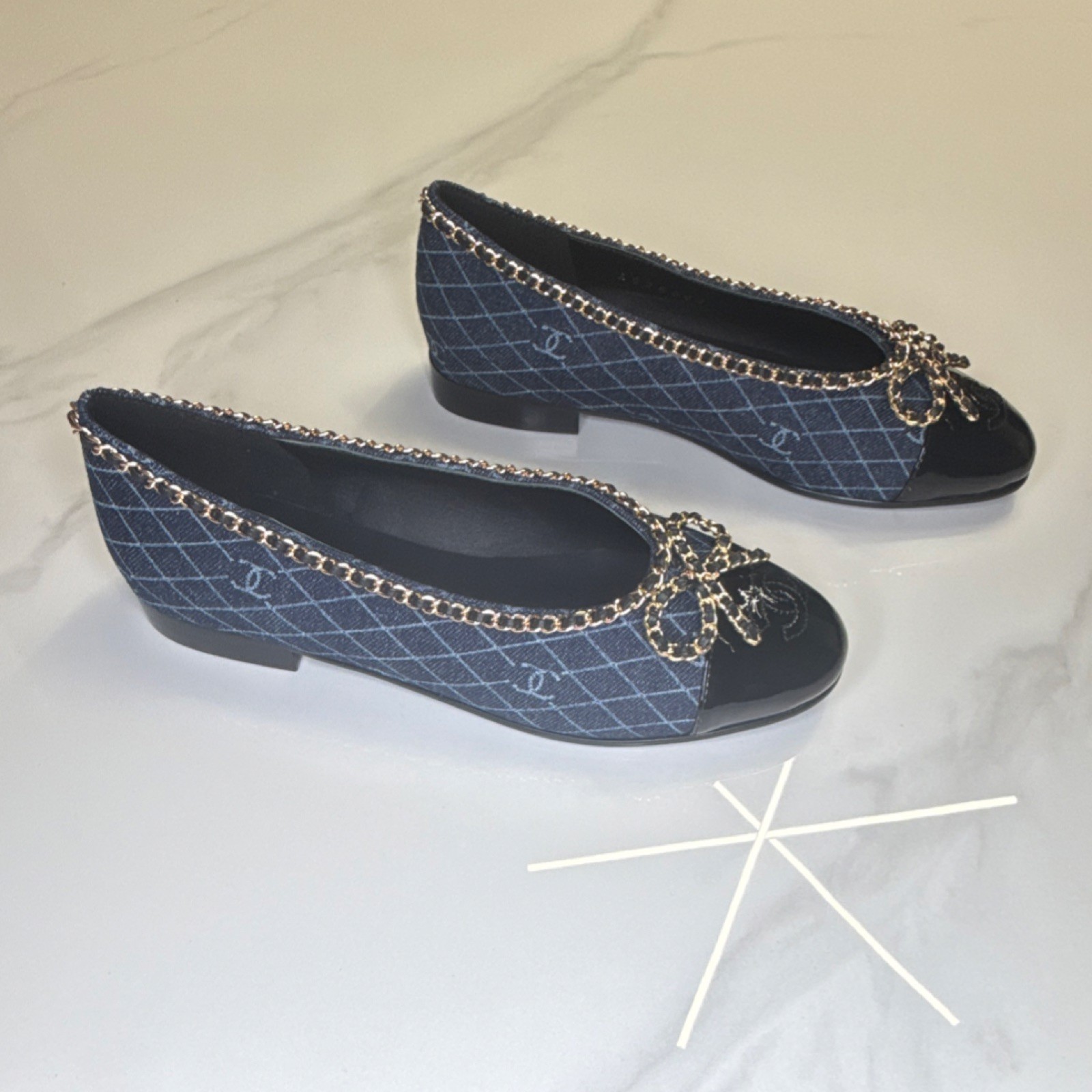 CHANEL Blue Denim Quilted Chain Bow Accent Ballet Flats for Women