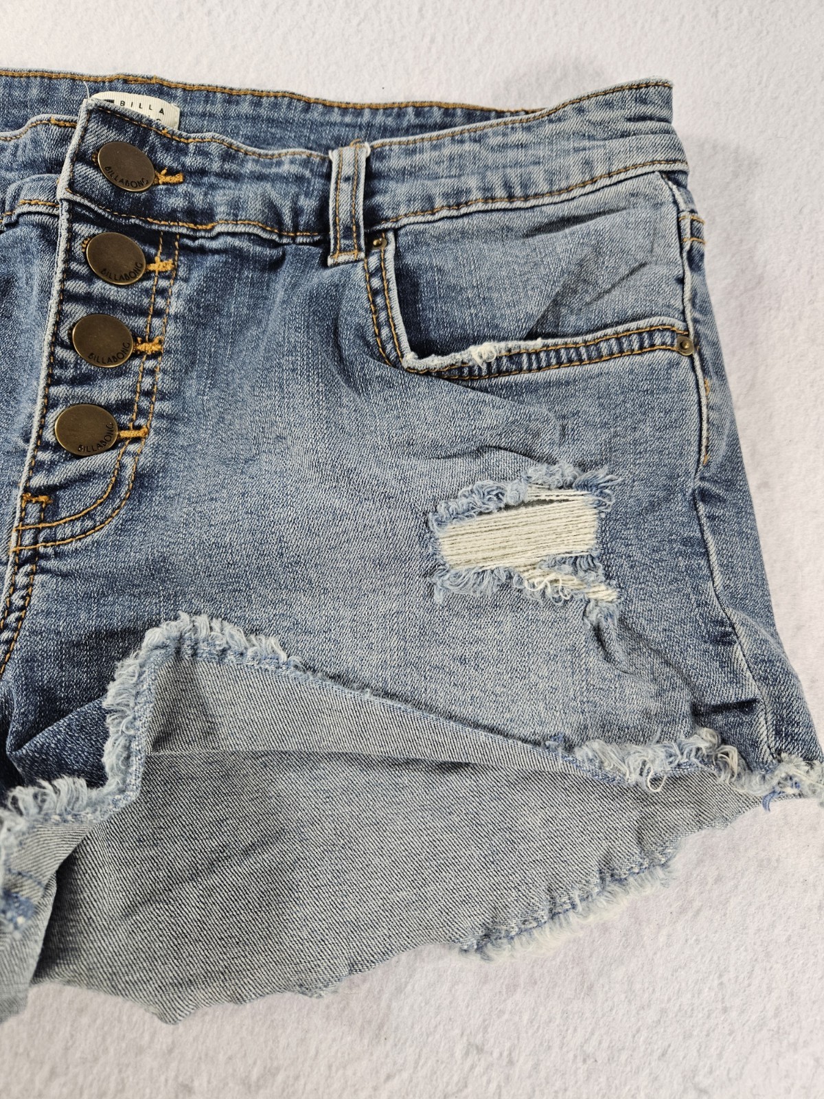 Billabong Distressed Denim Shorts Size 28 Button Fly Cut Off Frayed Hem Blue
