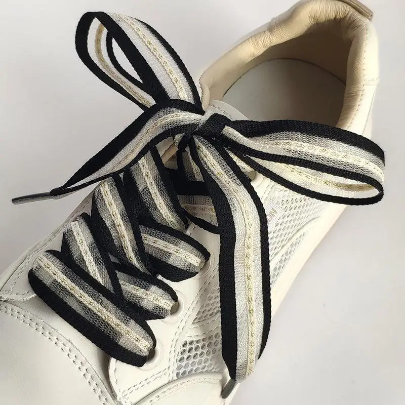 1pair 2cm Bow Wide Flat Shoelaces Fish Silk Transparent Striped Shoelaces Sneake