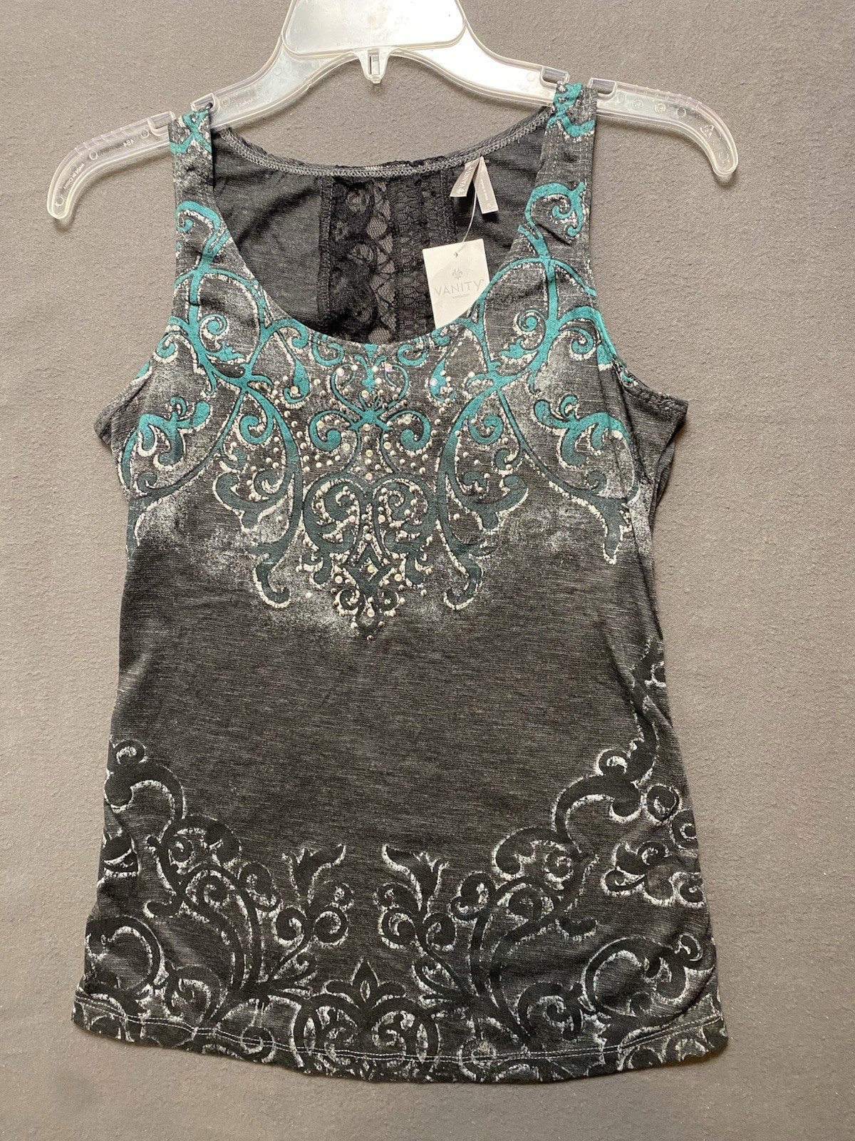 Vanity Scoop Neck Embellished Gray & Teal Tank Top Size S NWT
