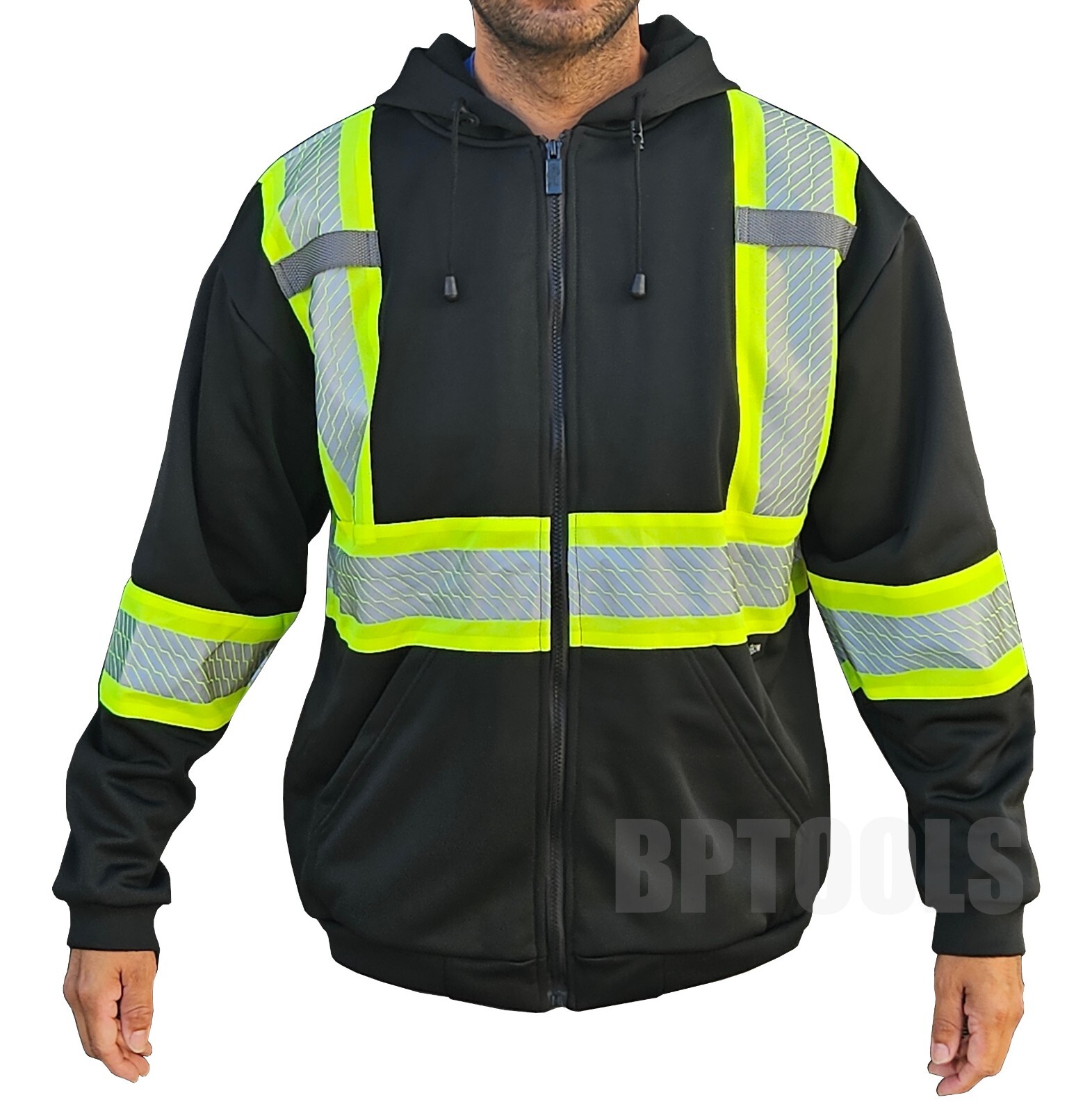 High-Visibility Reflective Hooded Black Safety Sweater Two Tone Black / Yellow