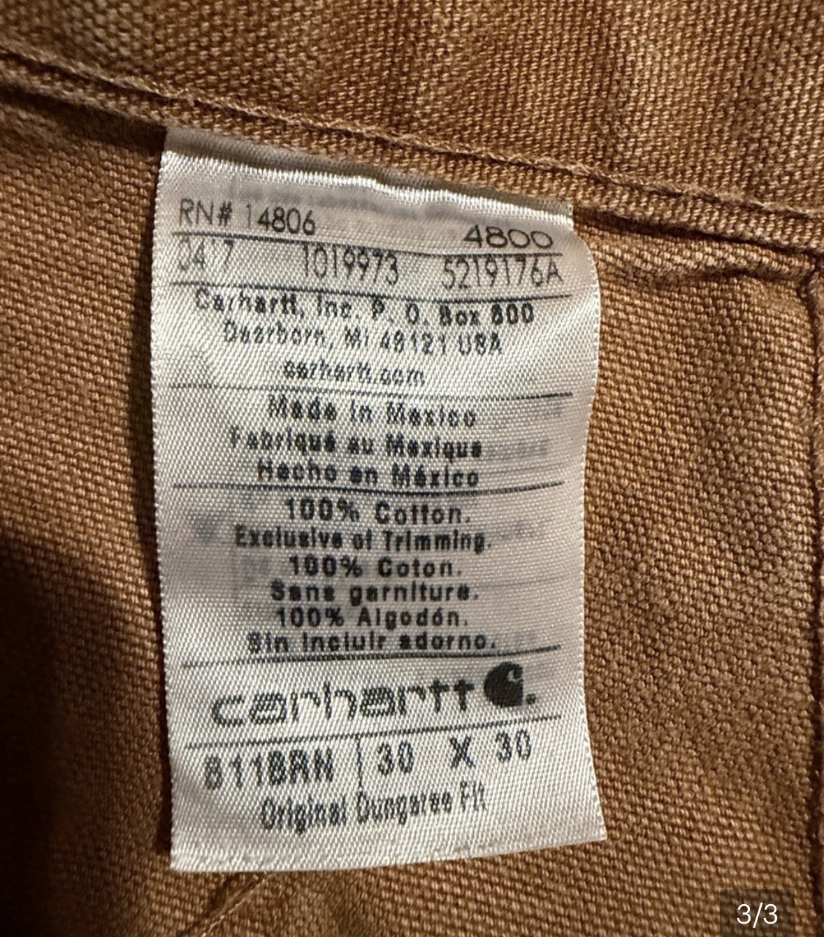 Carhartt B11BRN Original Dungaree Fit Canvas Cotton Work Pants Brown 30×30