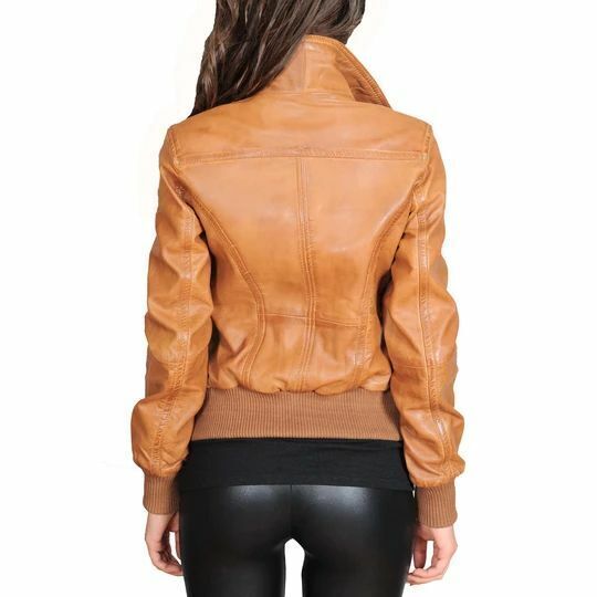 Women’s Tan Bomber Leather Jacket Pure Soft Lambskin Causal Wear Coat Jacket