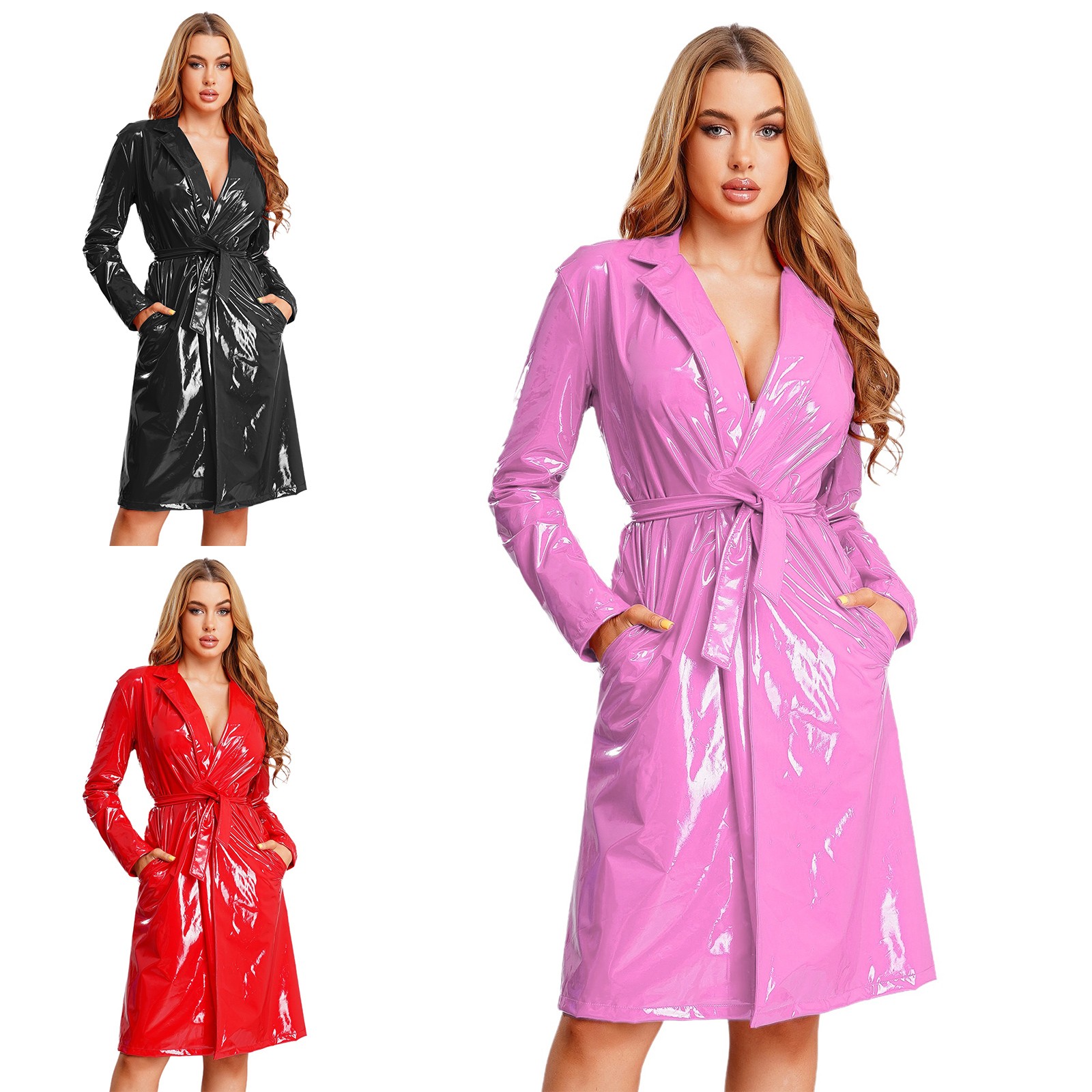 Women Wet Look Shiny Overcoat Costume Long Trench With Belt Coats Carnival Top