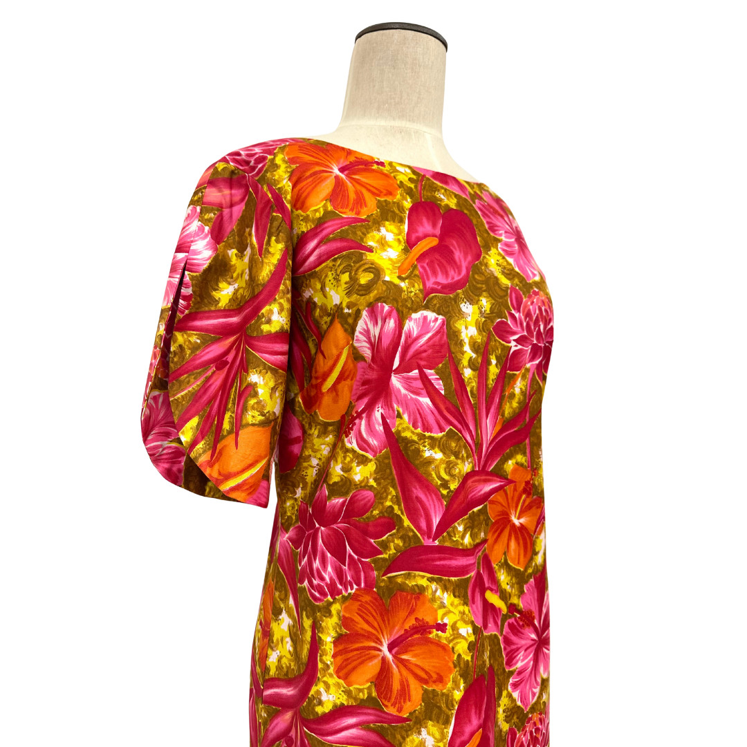 Vintage 1960s Handmade Pink & Orange Tropical Floral Trumpet Pake Muu Maxi Dress