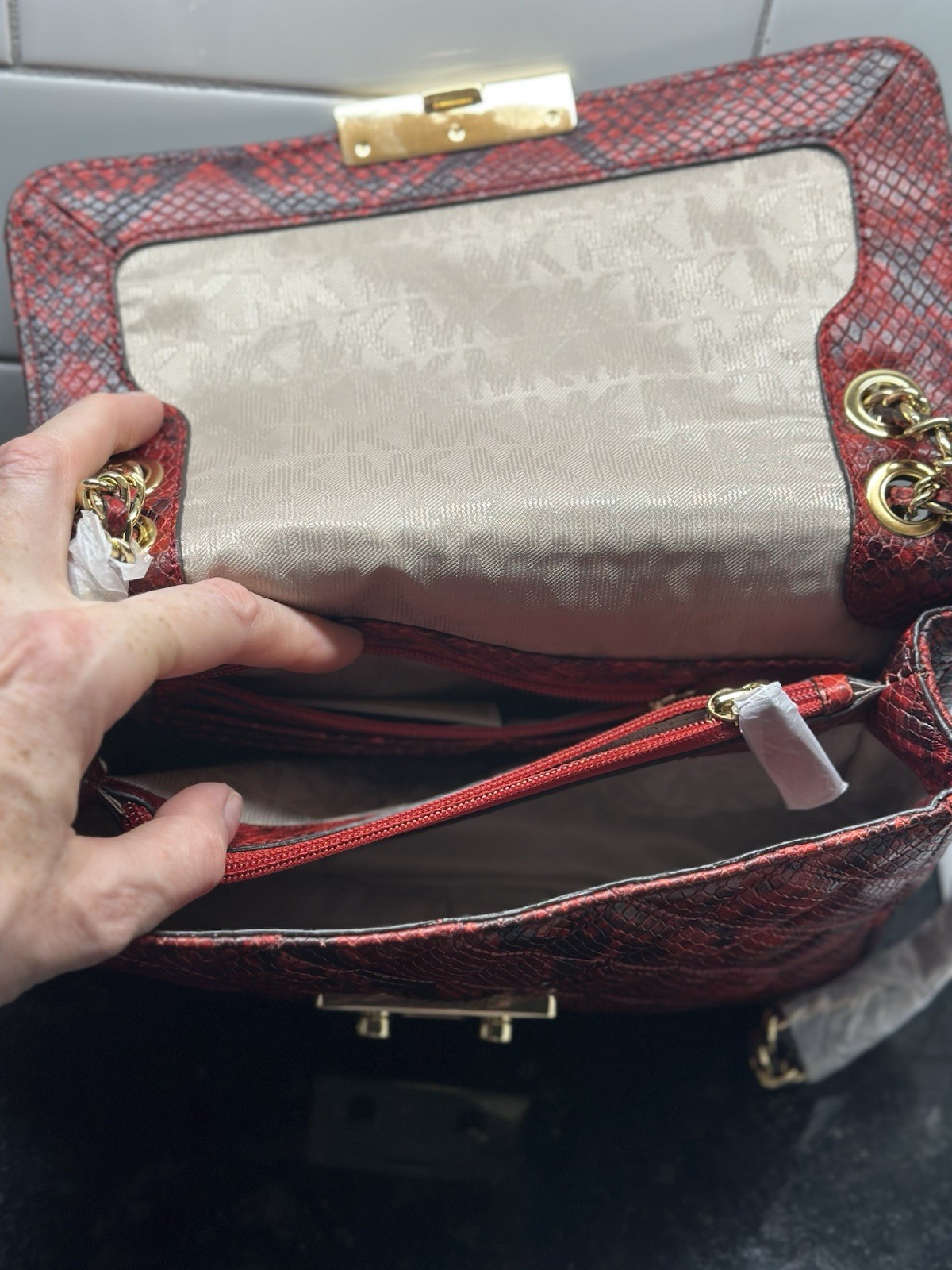 Michael Kors Red/Black Quilted Snake Print Small Flap Shoulder Bag, Chain, Dust