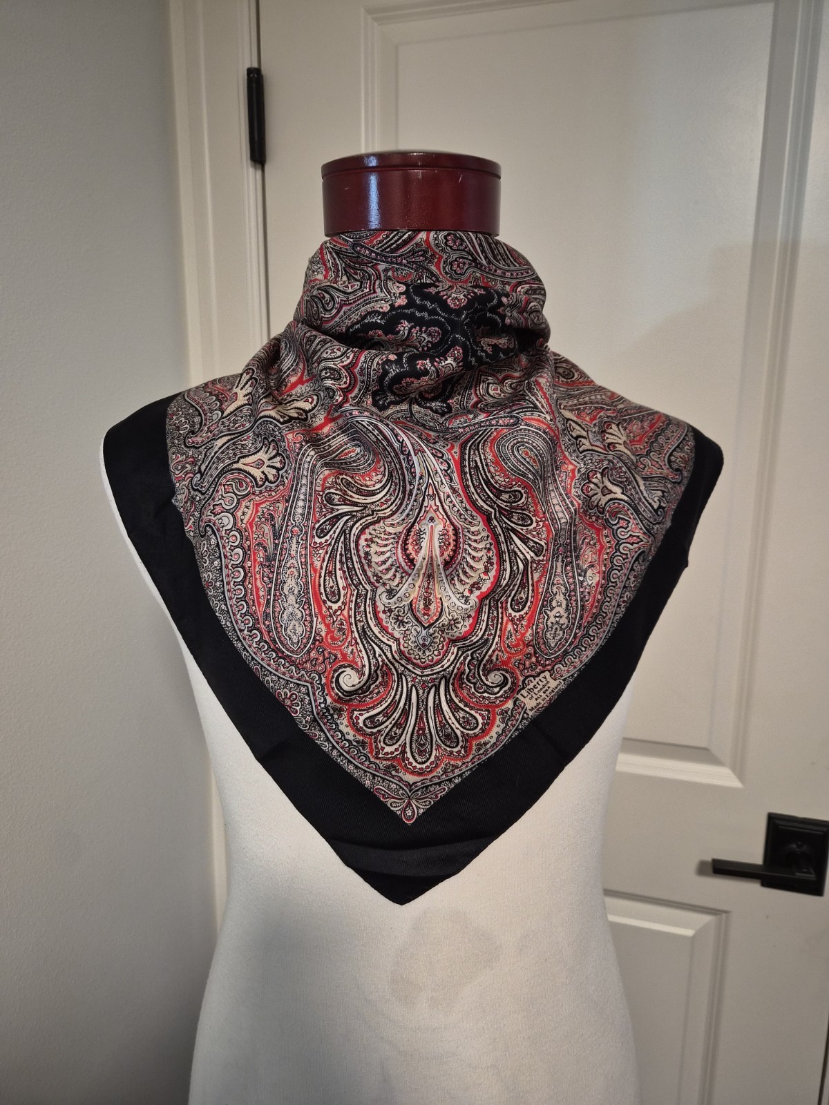 Vintage Liberty Of London Square Silk Scarf Black/Red Paisley Print 23 In.