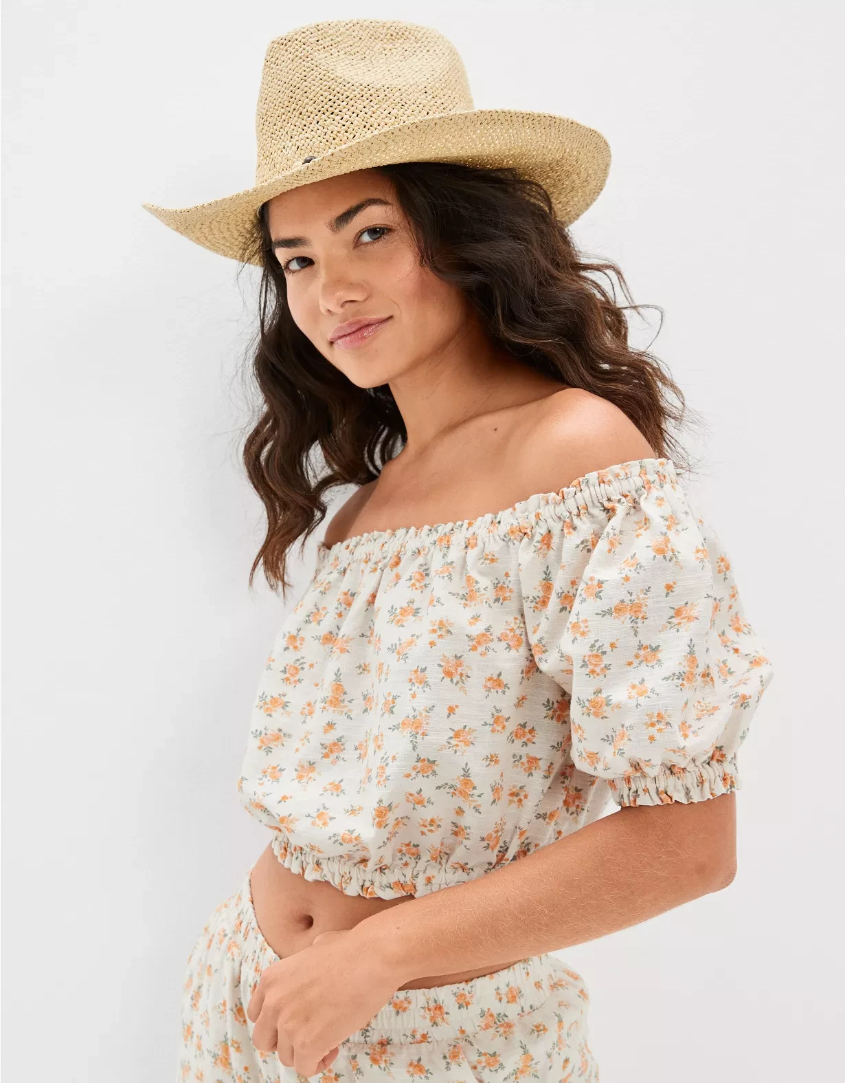 American Eagle Off the Shoulder Bubble Blouse Womens XXL Cream Floral Linen Crop