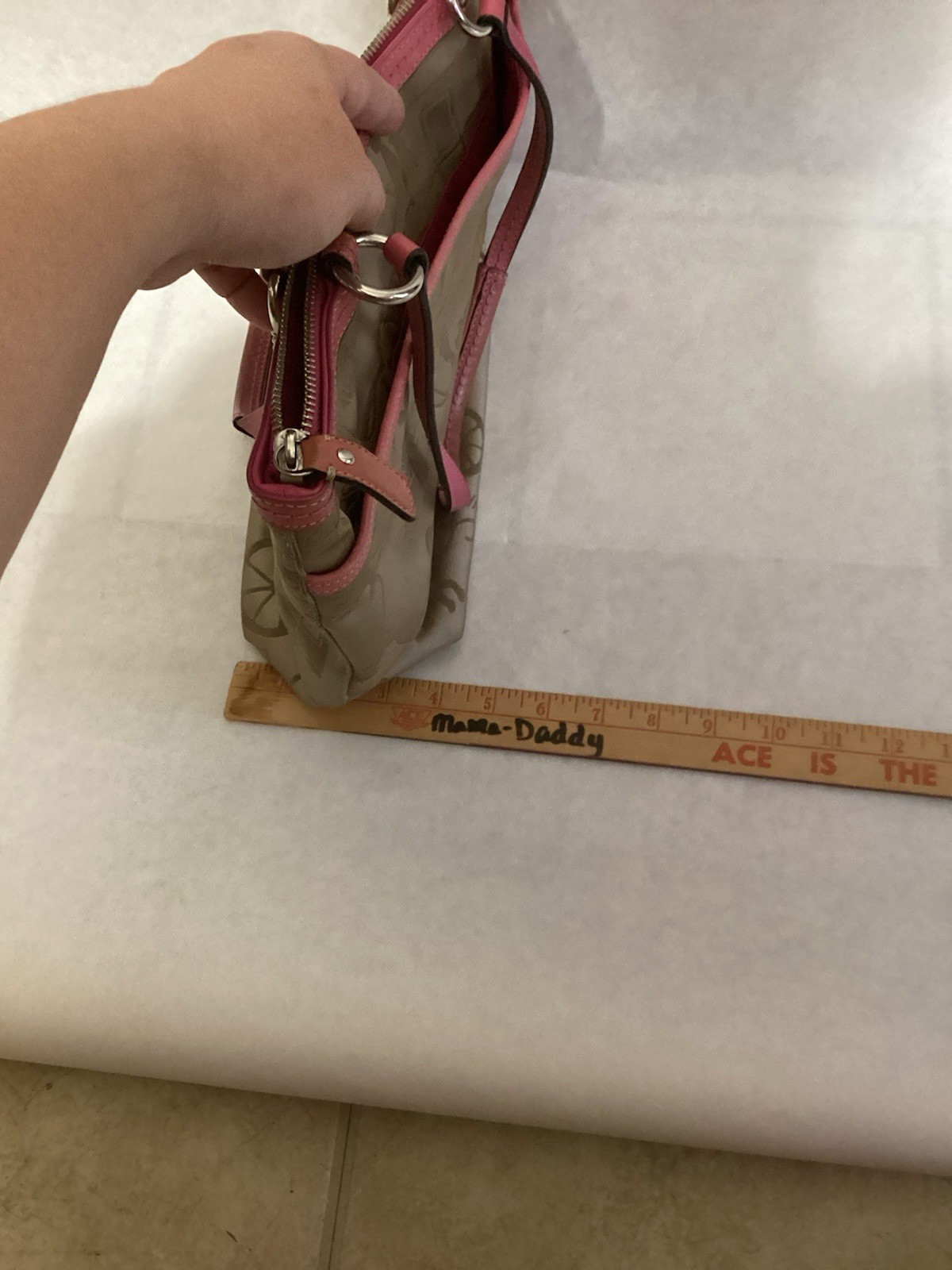 Coach Horse & Carriage Script Sateen Tote Bag Champagne/Pink Trim F14482 As-Is